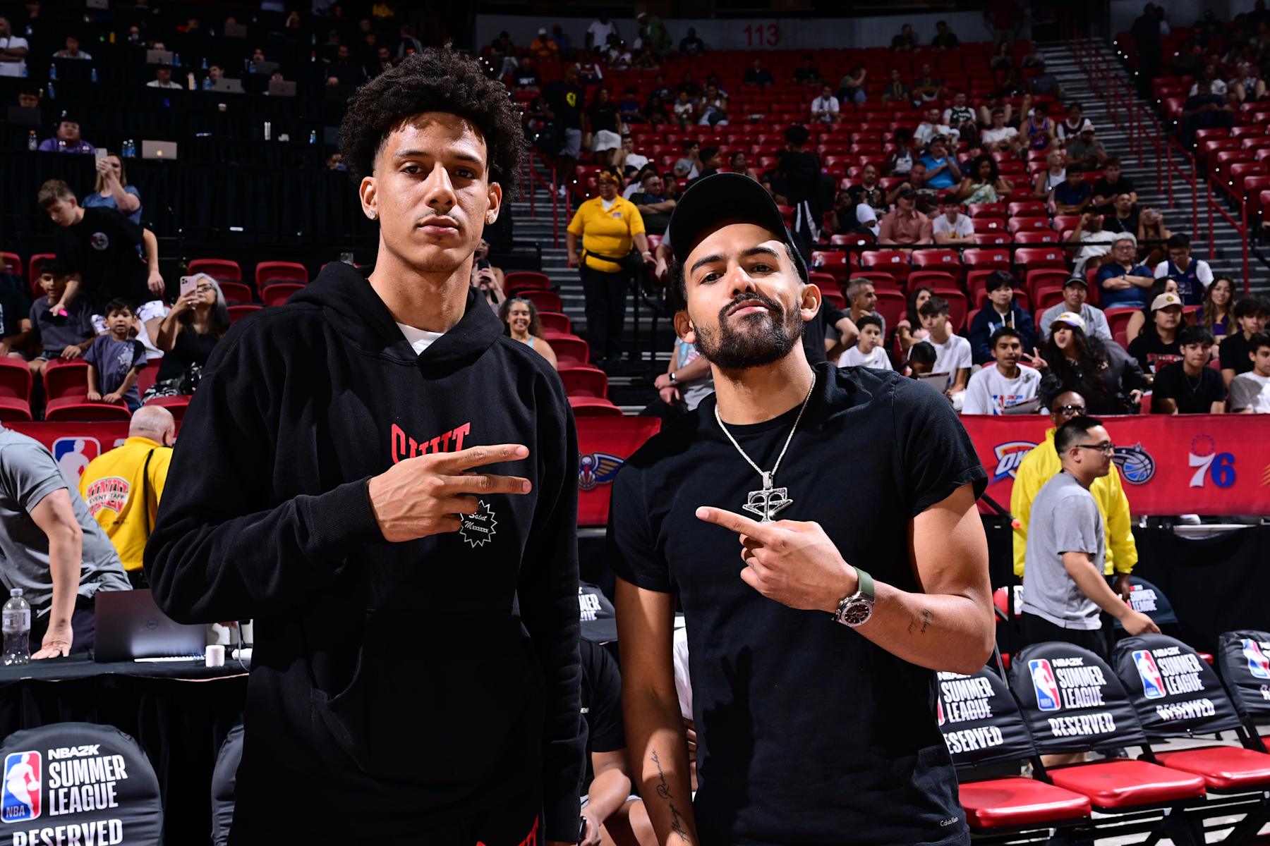 LAS VEGAS, NV - JULY 14: Jalen Johnson #1 and Trae Young #11 of the Atlanta Hawks pose for a photo during the game between the San Antonio Spurs and the Atlanta Hawks on July 14, 2024 at the Thomas & Mack Center in Las Vegas, Nevada. NOTE TO USER: User expressly acknowledges and agrees that, by downloading and or using this photograph, User is consenting to the terms and conditions of the Getty Images License Agreement. Mandatory Copyright Notice: Copyright 2024 NBAE (Photo by Adam Hagy/NBAE via Getty Images)