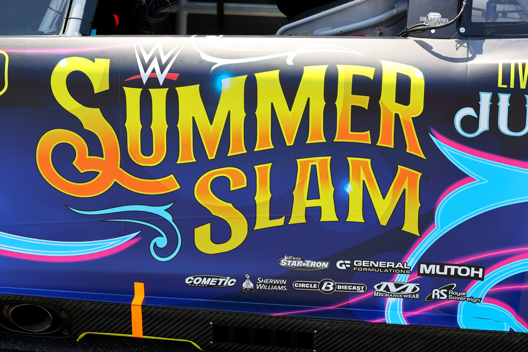 LONG POND, PA - JULY 24:  A general view of the Corey LaJoie (#7 Spire Motorsports WWE SummerSlam on Peacock Chevrolet) prior to the NASCAR Cup Series M&MS Fan Appreciation 400 on July 24, 2022 at Pocono Raceway in Long Pond, Pennsylvania.   (Photo by Rich Graessle/Icon Sportswire via Getty Images)