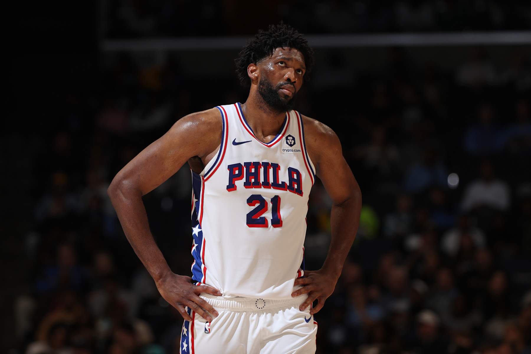 MEMPHIS, TN - NOVEMBER 22: Joel Embiid #21 of the Philadelphia 76ers looks on during the game against the Memphis Grizzlies on November 22, 2024 at FedExForum in Memphis, Tennessee. NOTE TO USER: User expressly acknowledges and agrees that, by downloading and or using this photograph, User is consenting to the terms and conditions of the Getty Images License Agreement. Mandatory Copyright Notice: Copyright 2024 NBAE (Photo by Joe Murphy/NBAE via Getty Images)