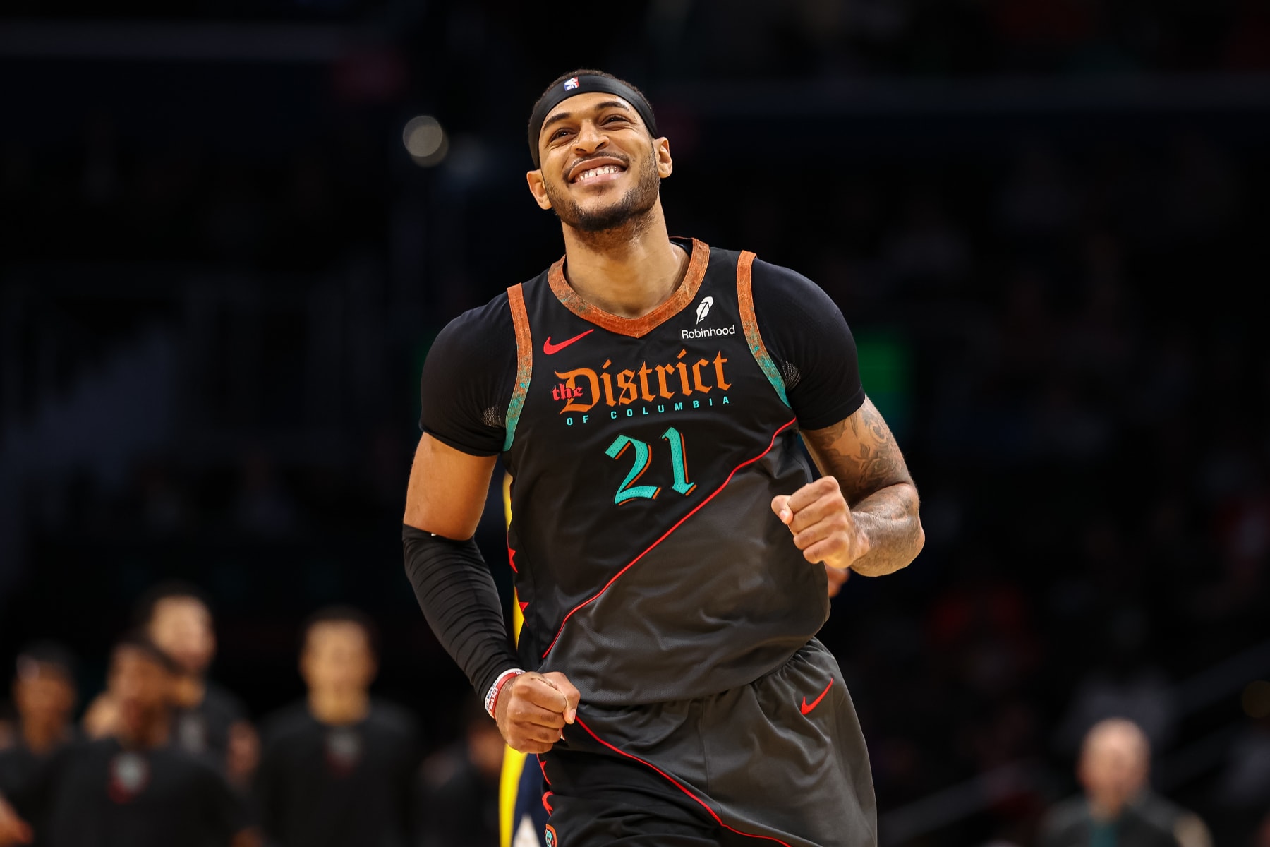 WASHINGTON, DC - DECEMBER 15: Daniel Gafford #21 of the Washington Wizards reacts after scoring against the Indiana Pacers during the second half at Capital One Arena on December 15, 2023 in Washington, DC. NOTE TO USER: User expressly acknowledges and agrees that, by downloading and or using this photograph, User is consenting to the terms and conditions of the Getty Images License Agreement. (Photo by Scott Taetsch/Getty Images)