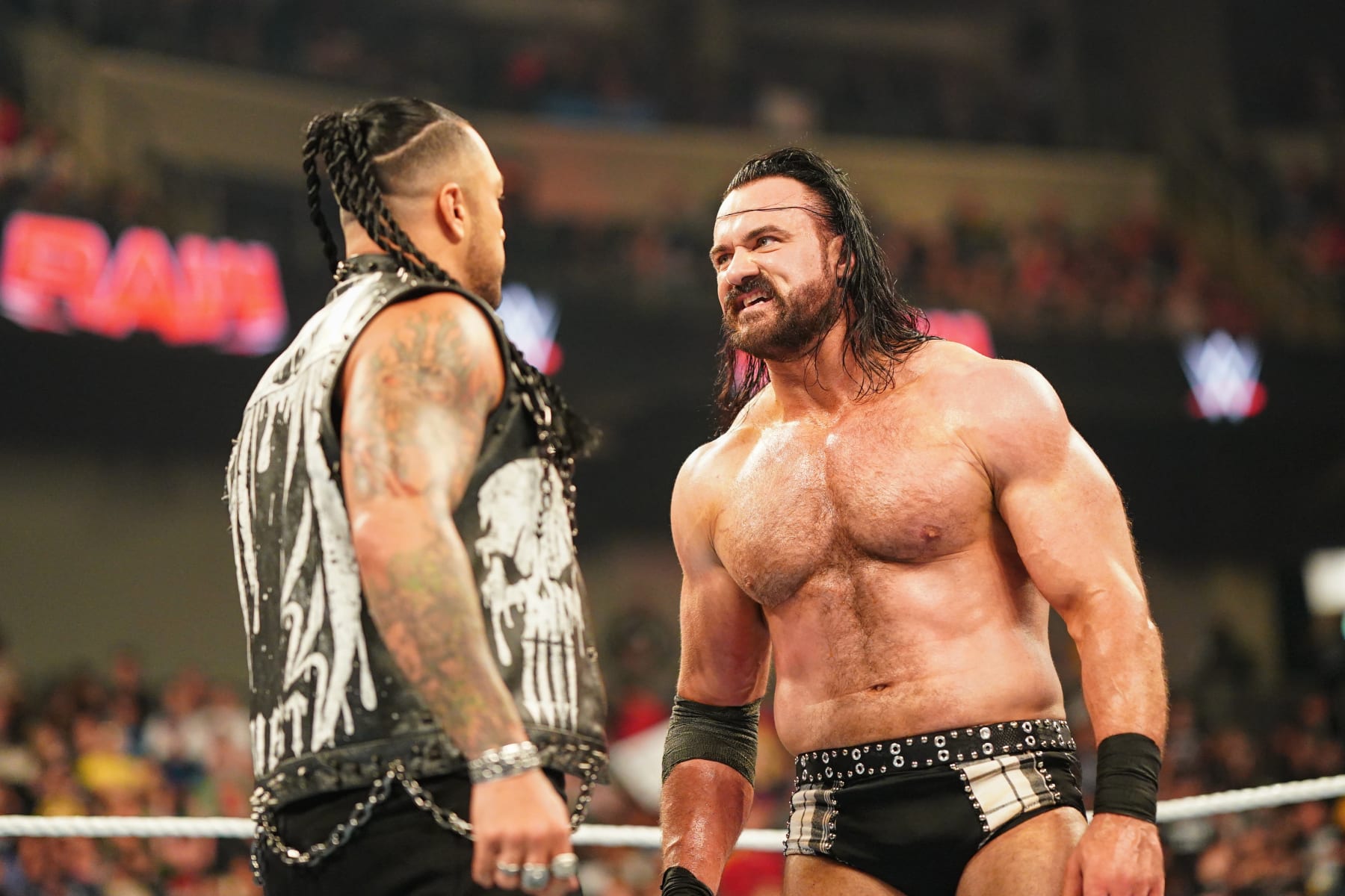 TOLEDO, OHIO - JUNE 10: Damian Priest and Drew McIntyre face off during Monday Night RAW at Huntington Center on June 10, 2024 in Toledo, Ohio.  (Photo by WWE/Getty Images)