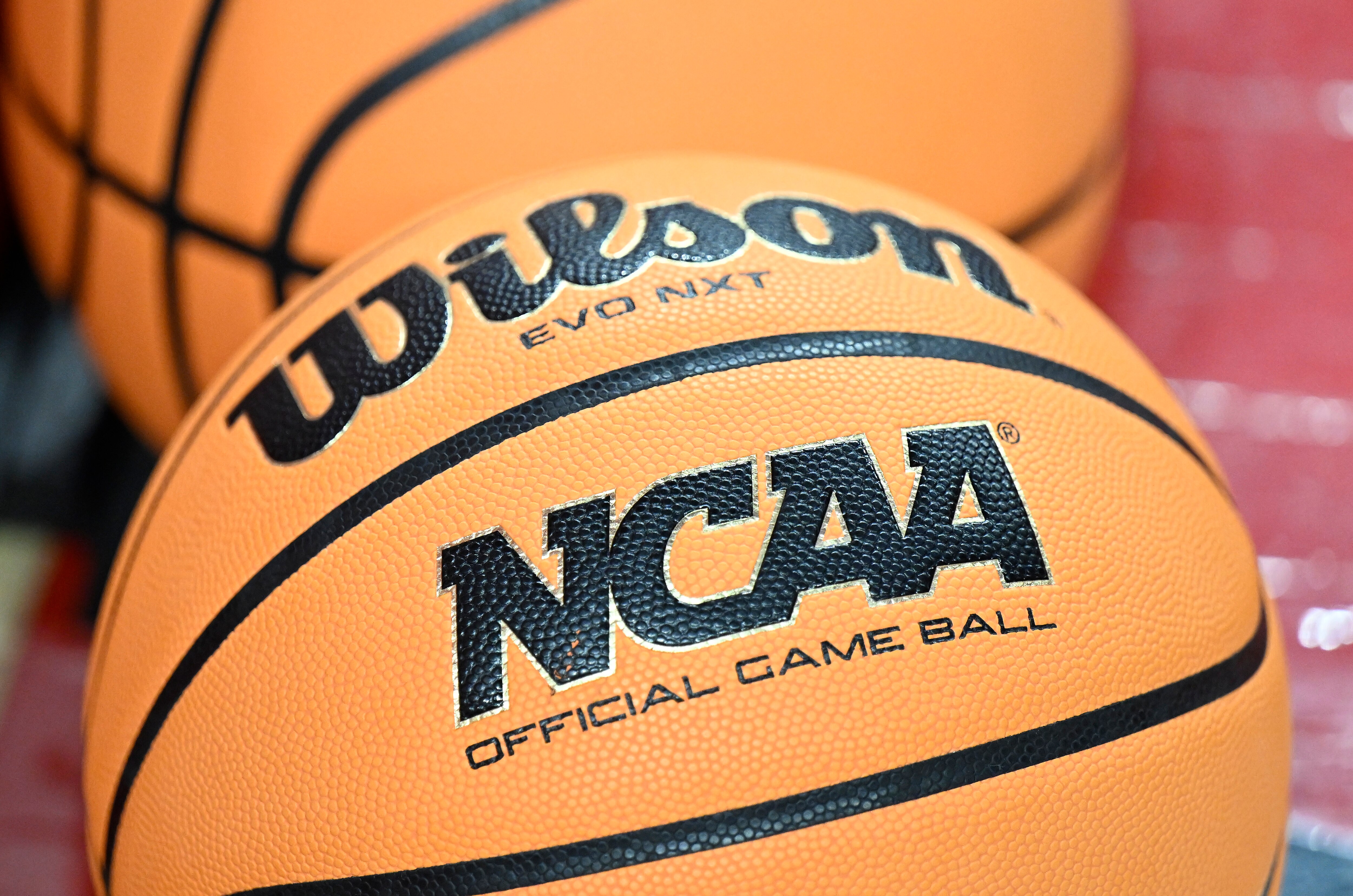 COLLEGE PARK, MARYLAND - FEBRUARY 25: The NCAA logo on a basketball before the game between the Maryland Terrapins and the Indiana Hoosiers at Xfinity Center on February 25, 2022 in College Park, Maryland. (Photo by G Fiume/Getty Images)