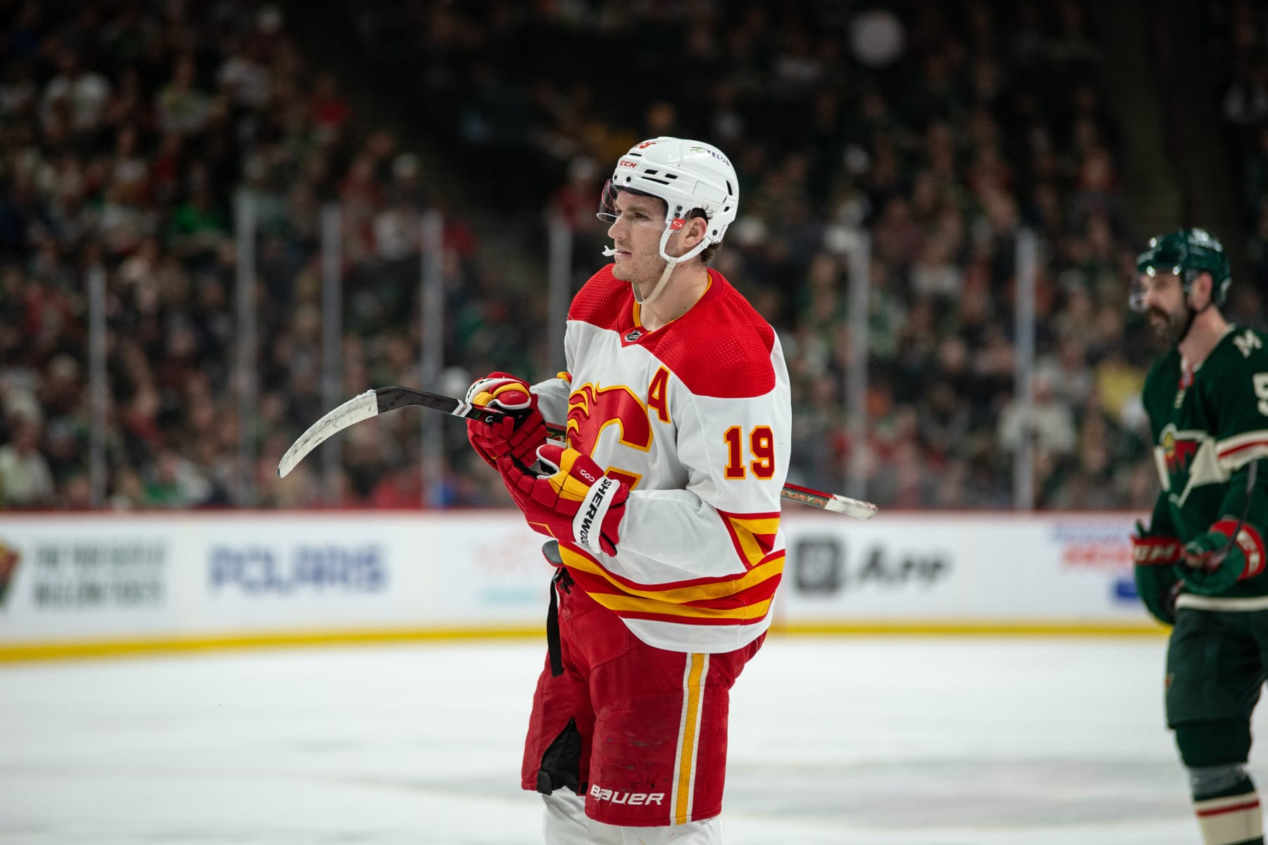SAINT PAUL, MN - APRIL 28: Calgary Flames Right Wing Matthew Tkachuk (19) gets ready for a faceoff during the NHL game between the Calgary Flames and the Minnesota Wild on April 28th, 2022, at Xcel Energy Center in Saint Paul, MN. (Photo by Bailey Hillesheim/Icon Sportswire via Getty Images)