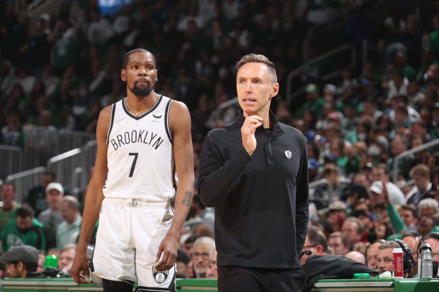 BOSTON, MA - APRIL 17: Kevin Durant #7 of the Brooklyn Nets and Head Coach Steve Nash look on against the Boston Celtics during Round 1 Game 1 of the 2022 NBA Playoffs on April 17, 2022 at the TD Garden in Boston, Massachusetts.  NOTE TO USER: User expressly acknowledges and agrees that, by downloading and or using this photograph, User is consenting to the terms and conditions of the Getty Images License Agreement. Mandatory Copyright Notice: Copyright 2022 NBAE  (Photo by Nathaniel S. Butler/NBAE via Getty Images)