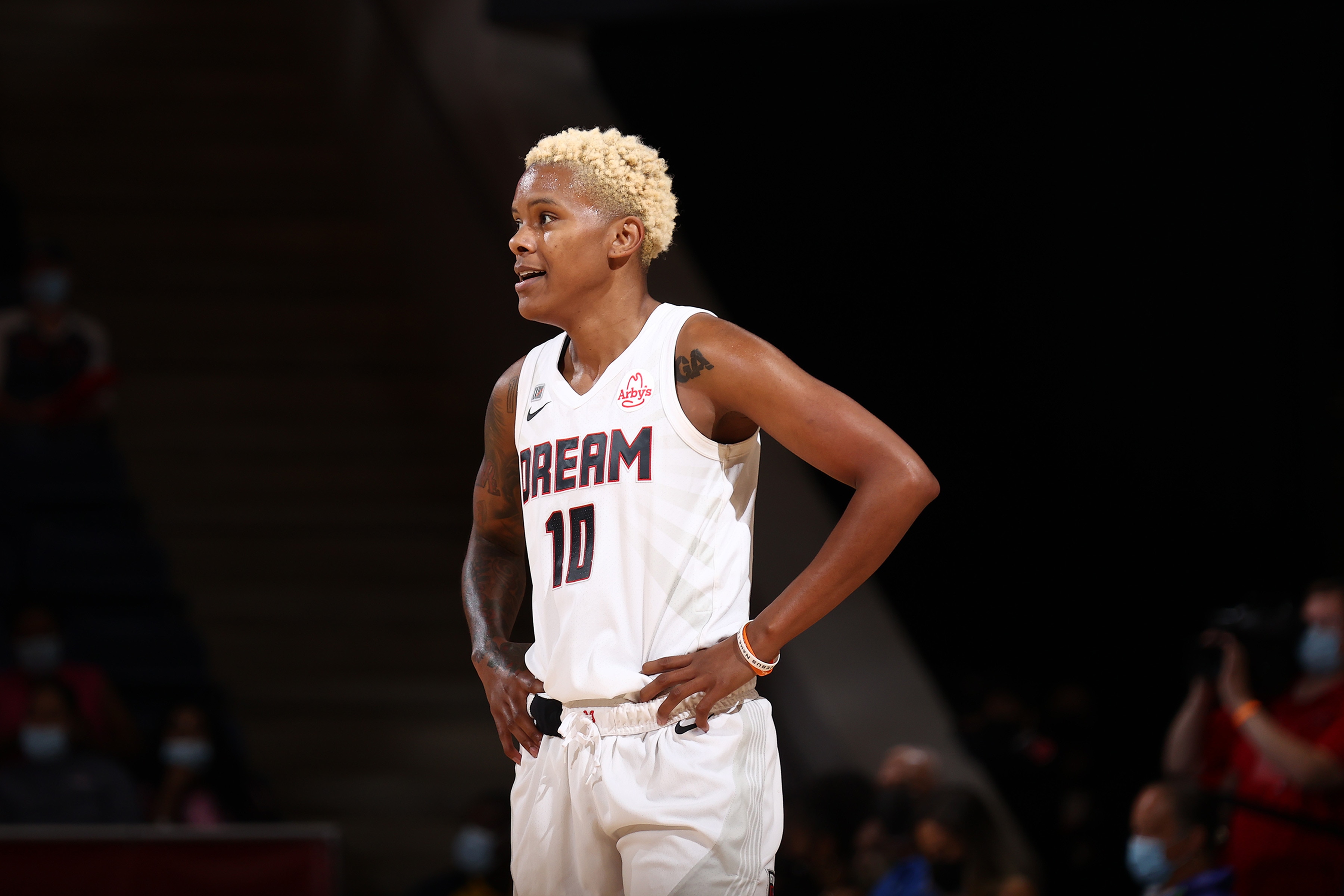 WASHINGTON, DC - SEPTEMBER 10:  Courtney Williams #10 of the Atlanta Dream looks on during the game against the Washington Mystics on September 10, 2021 at the Entertainment & Sports Arena in Washington, DC. NOTE TO USER: User expressly acknowledges and agrees that, by downloading and or using this Photograph, user is consenting to the terms and conditions of the Getty Images License Agreement. Mandatory Copyright Notice: Copyright 2021 NBAE (Photo by Stephen Gosling/NBAE via Getty Images)