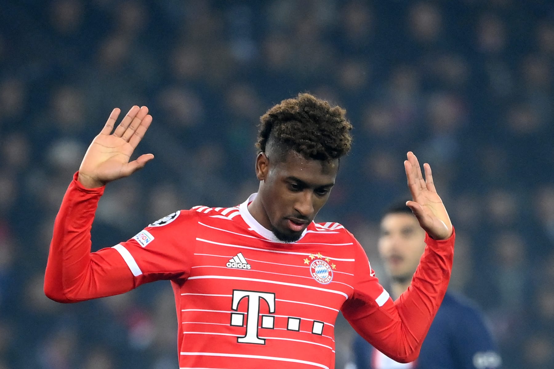 Bayern Munich's French forward Kingsley Coman celebrates scoring his team's first goal during first leg of the UEFA Champions League round of 16 football match between Paris Saint-Germain (PSG) and FC Bayern Munich at the Parc des Princes stadium in Paris on February 14, 2023. (Photo by FRANCK FIFE / AFP) (Photo by FRANCK FIFE/AFP via Getty Images)