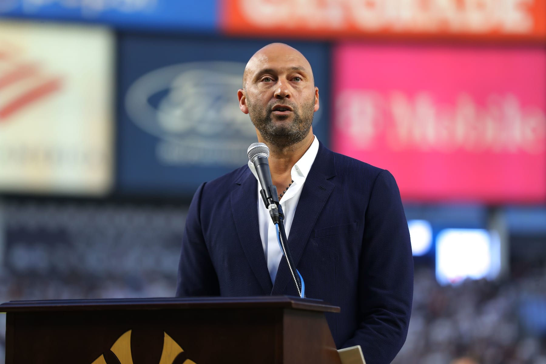 NEW YORK, NY - SEPTEMBER 09: Baseball Hall of Famer Derek Jeter speaks prior to the game between the Tampa Bay Rays and the New York Yankees at Yankee Stadium on Friday, September 9, 2022 in New York, New York. (Photo by Mary DeCicco/MLB Photos via Getty Images)