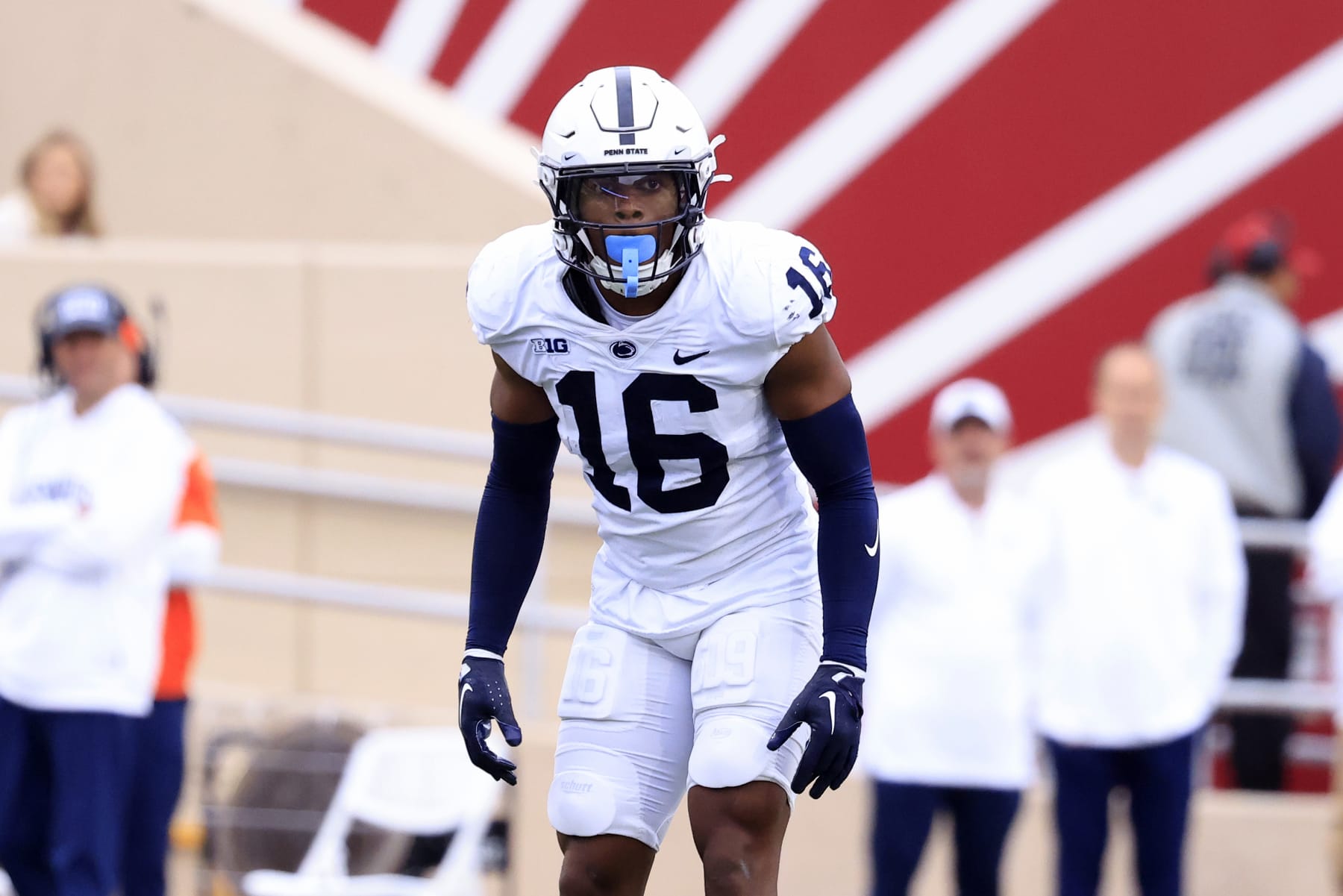 BLOOMINGTON, INDIANA - NOVEMBER 05: Ji'Ayir Brown #16 of the Penn State Nittany Lions on the field in the game against the Indiana Hoosiers at Memorial Stadium on November 05, 2022 in Bloomington, Indiana. (Photo by Justin Casterline/Getty Images)