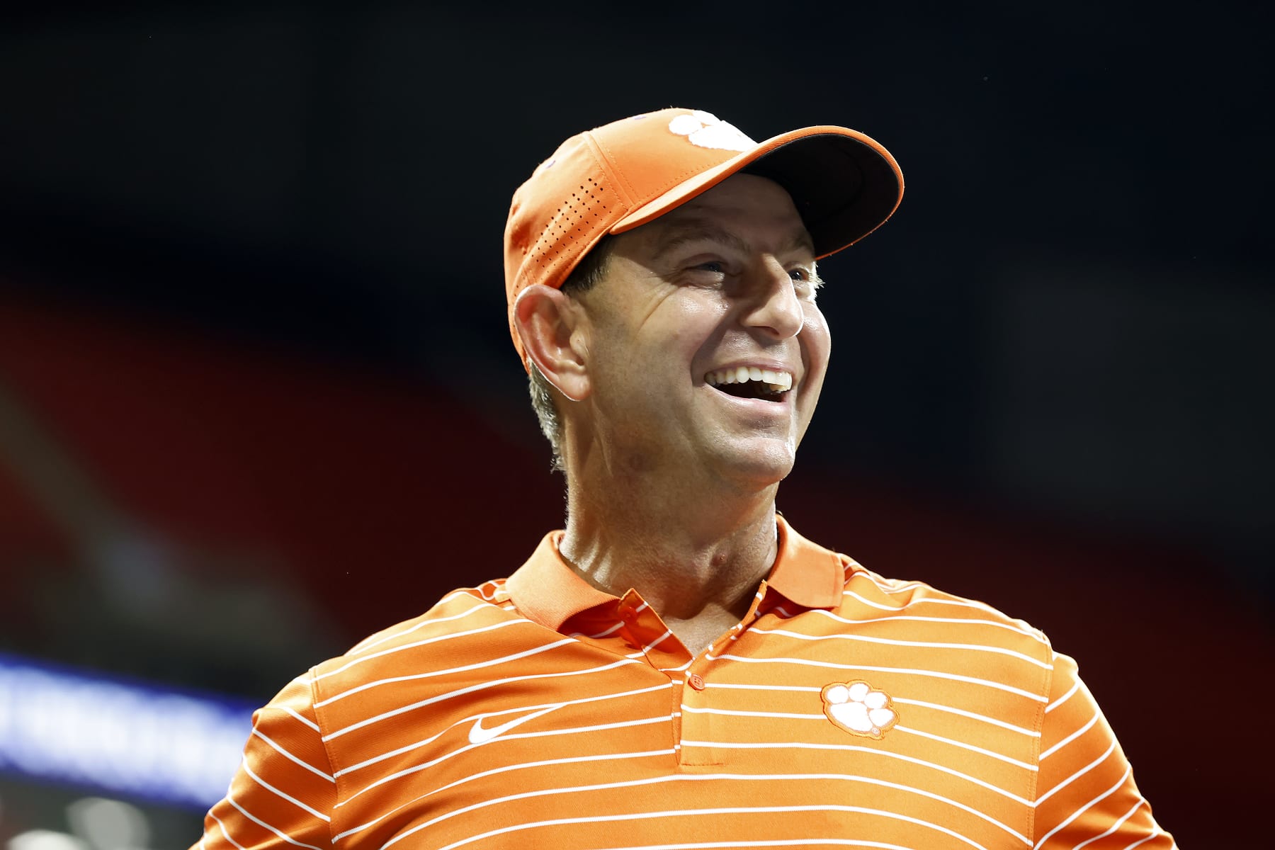 ATLANTA, GA - SEPTEMBER 05: Clemson Tigers head coach Dabo Swinney is all smiles after winning the Monday evening college football game between the Georgia Tech Yellow Jackets and the Clemson Tigers on September 5, 2022 at Mercedes-Benz Stadium in Atlanta, Georgia.  (Photo by David J. Griffin/Icon Sportswire via Getty Images)