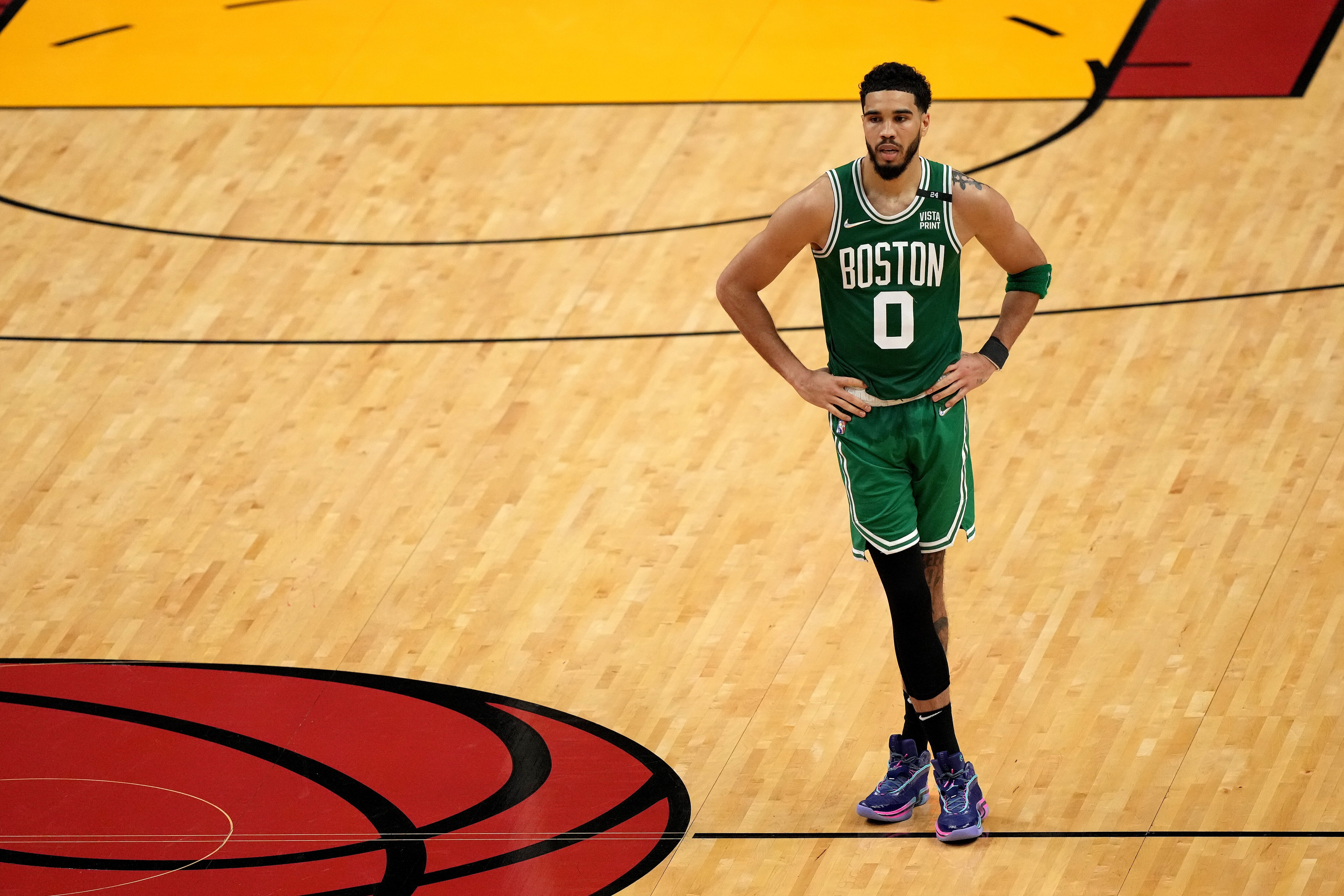 MIAMI, FLORIDA - MAY 17: Jayson Tatum #0 of the Boston Celtics looks on against the Miami Heat during the third quarter in Game One of the 2022 NBA Playoffs Eastern Conference Finals at FTX Arena on May 17, 2022 in Miami, Florida. NOTE TO USER: User expressly acknowledges and agrees that, by downloading and or using this photograph, User is consenting to the terms and conditions of the Getty Images License Agreement. (Photo by Eric Espada/Getty Images) MIAMI, FLORIDA - MAY 17: Jayson Tatum #0 of the Boston Celtics looks on against the Miami Heat during the third quarter in Game One of the 2022 NBA Playoffs Eastern Conference Finals at FTX Arena on May 17, 2022 in Miami, Florida. NOTE TO USER: User expressly acknowledges and agrees that, by downloading and or using this photograph, User is consenting to the terms and conditions of the Getty Images License Agreement. (Photo by Eric Espada/Getty Images)