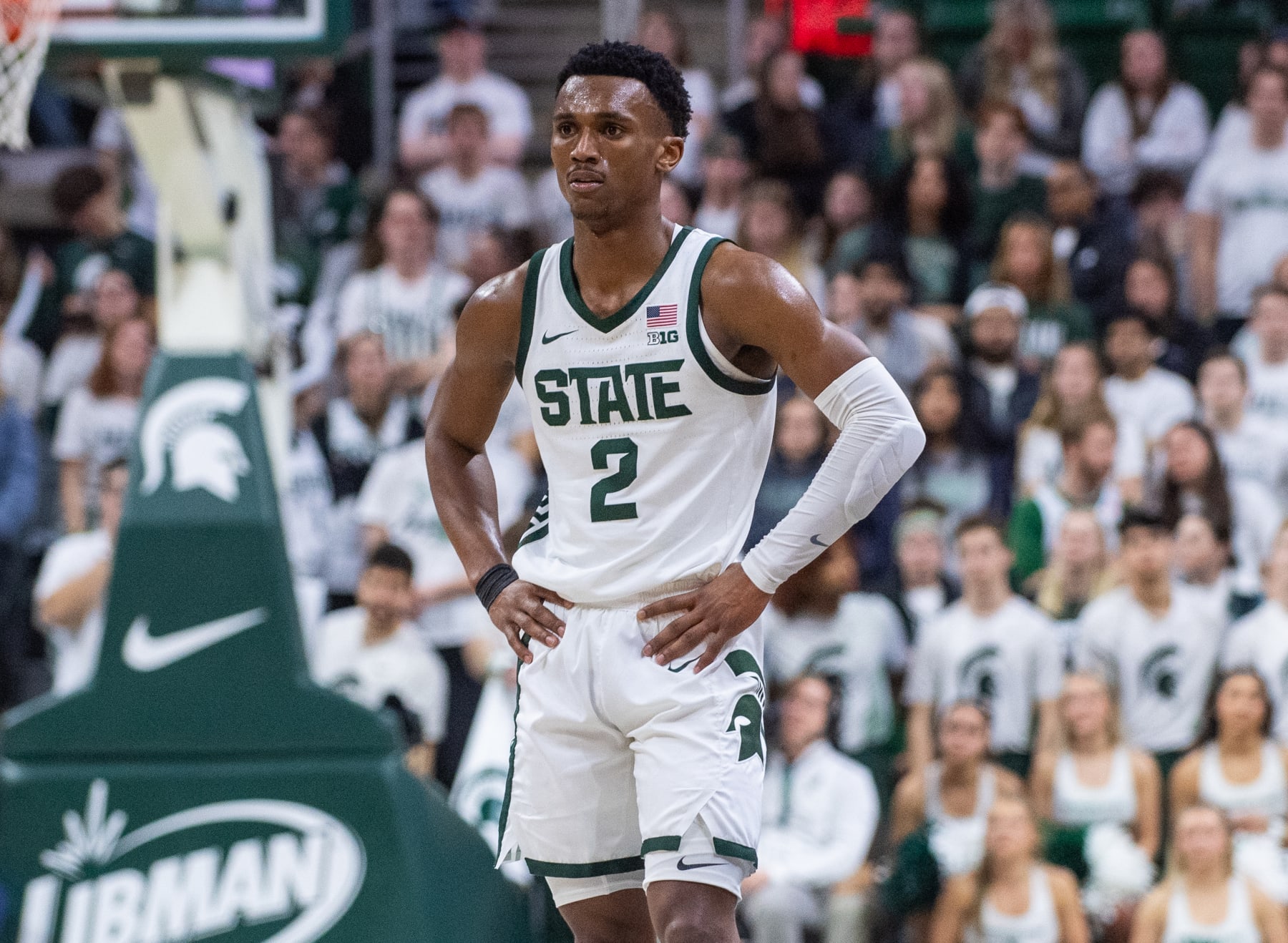 EAST LANSING, MICHIGAN - FEBRUARY 20: Tyson Walker #2 of the Michigan State Spartans watches a free throw during the second half of a college basketball game against the Iowa Hawkeyes at Breslin Center on February 20, 2024 in East Lansing, Michigan. The Iowa Hawkeyes won the game 78-71. (Photo by Aaron J. Thornton/Getty Images)