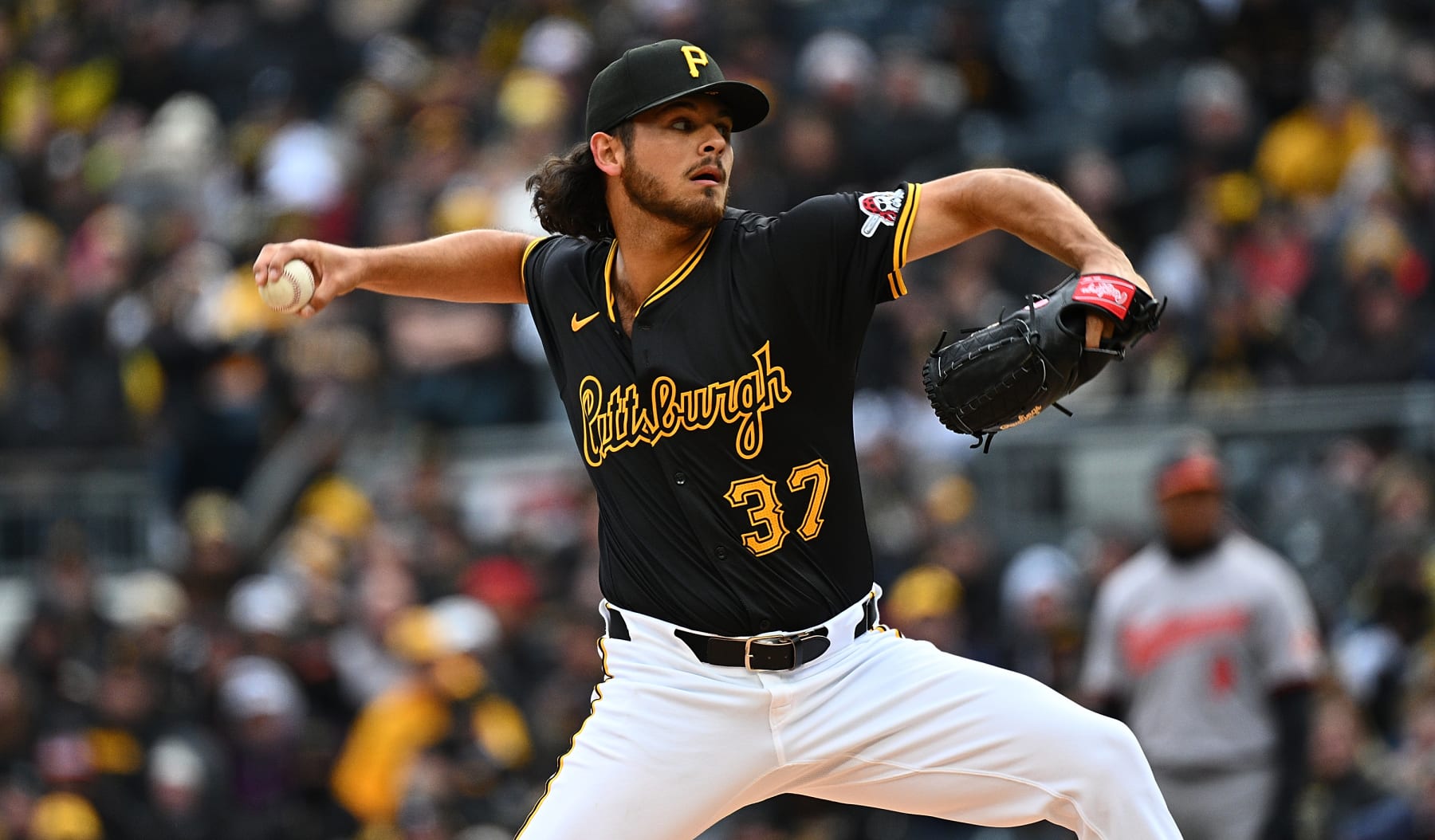 PITTSBURGH, PENNSYLVANIA - APRIL 5: Jared Jones #37 of the Pittsburgh Pirates delivers a pitch in the first inning during the home opener against the Baltimore Orioles at PNC Park on April 5, 2024 in Pittsburgh, Pennsylvania. (Photo by Justin Berl/Getty Images)
