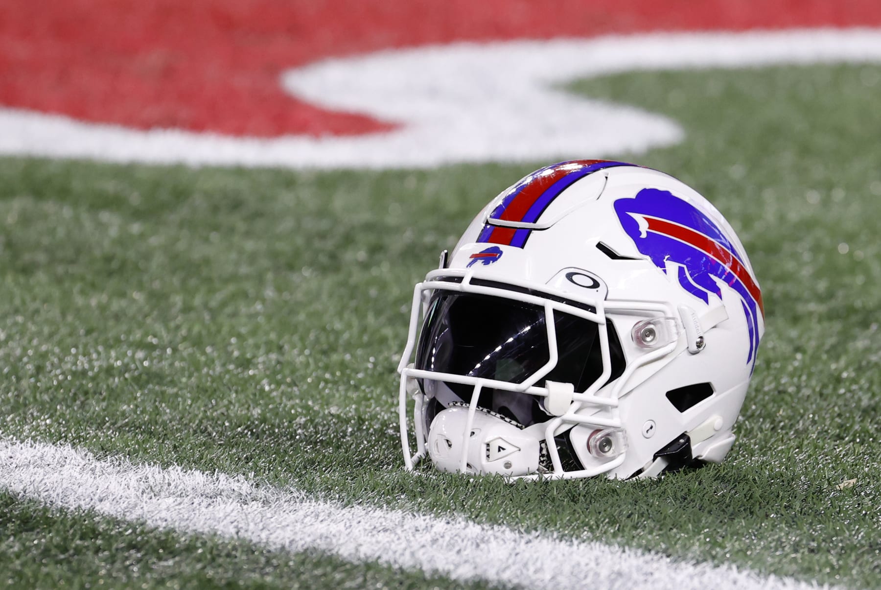 FOXBOROUGH, MA - DECEMBER 01: Bills helmet in warm up before a game between the New England Patriots and the Buffalo Bills on December 1, 2022, at Gillette Stadium in Foxborough, Massachusetts. (Photo by Fred Kfoury III/Icon Sportswire via Getty Images)