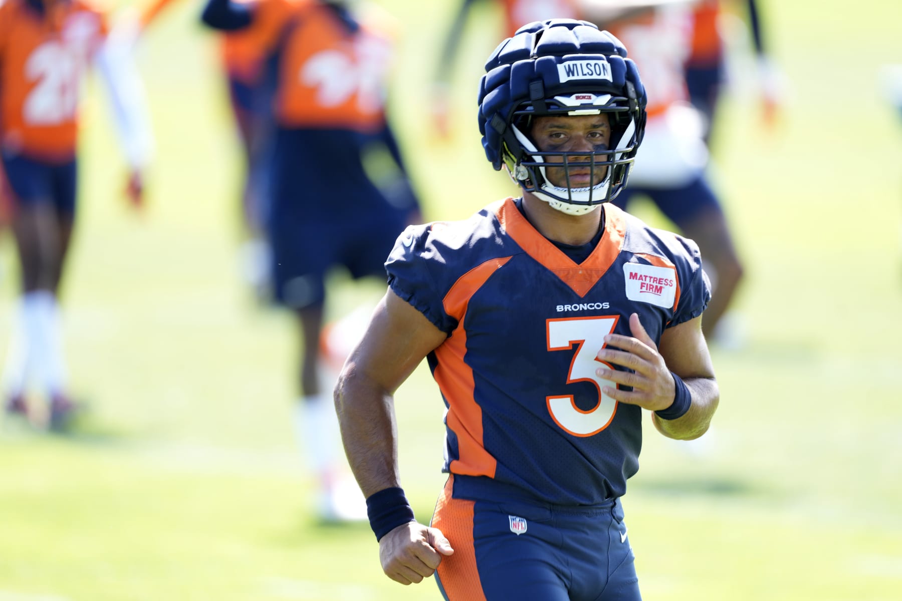Denver Broncos quarterback Russell Wilson (3) takes part in drills during an NFL football training camp session at the team's headquarters Thursday, July 27, 2023, in Centennial, Colo. (AP Photo/David Zalubowski)