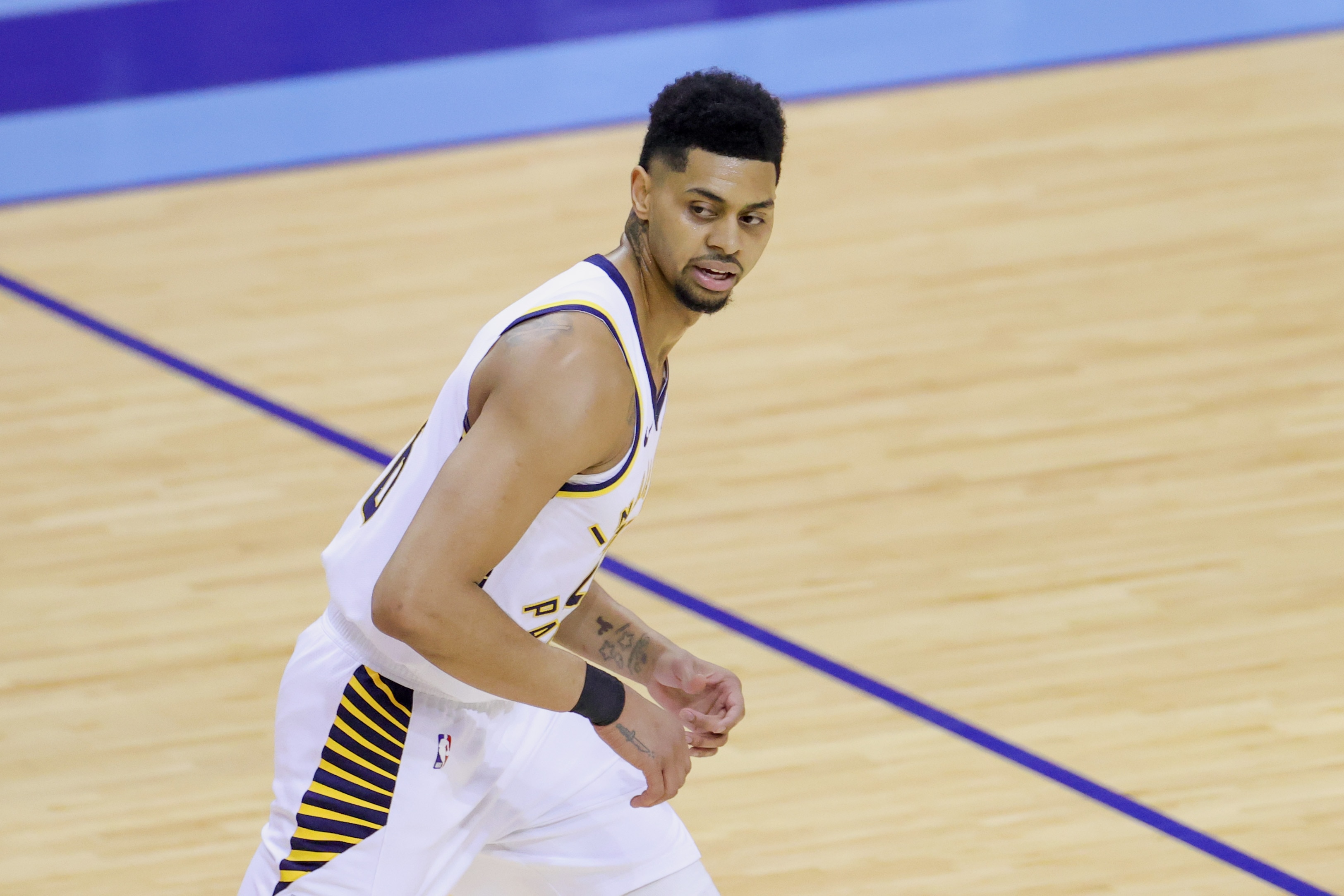 HOUSTON, TEXAS - APRIL 14: Jeremy Lamb #26 of the Indiana Pacers turns around after hitting a three point basket during the second quarter against the Houston Rockets at Toyota Center on April 14, 2021 in Houston, Texas. NOTE TO USER: User expressly acknowledges and agrees that, by downloading and or using this photograph, User is consenting to the terms and conditions of the Getty Images License Agreement. (Photo by Carmen Mandato/Getty Images)
