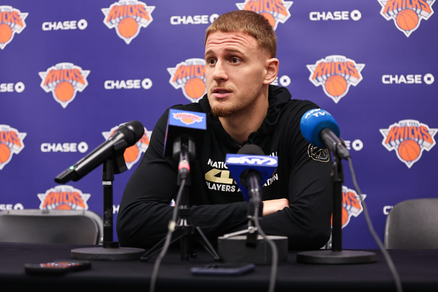 TARRYTOWN, NEW YORK - OCTOBER 02: Donte DiVincenzo #0 of the New York Knicks speaks at a press conference during media day at the MSG Training Center on October 02, 2023 in Tarrytown, New York. NOTE TO USER: User expressly acknowledges and agrees that, by downloading and or using this photograph, User is consenting to the terms and conditions of the Getty Images License Agreement. (Photo by Dustin Satloff/Getty Images)