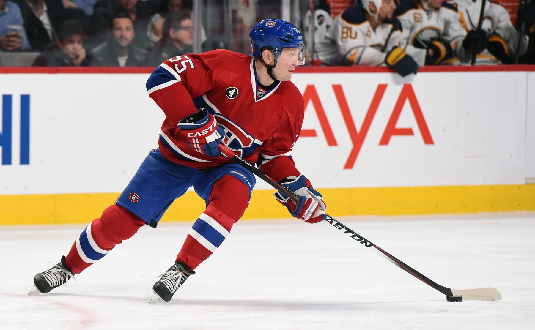 MONTREAL, QC - FEBRUARY 3: Sergei Gonchar #55 of the Montreal Canadiens skates with the puck against the Buffalo Sabres in the NHL game at the Bell Centre on February 3, 2015 in Montreal, Quebec, Canada. (Photo by Francois Lacasse/NHLI via Getty Images)