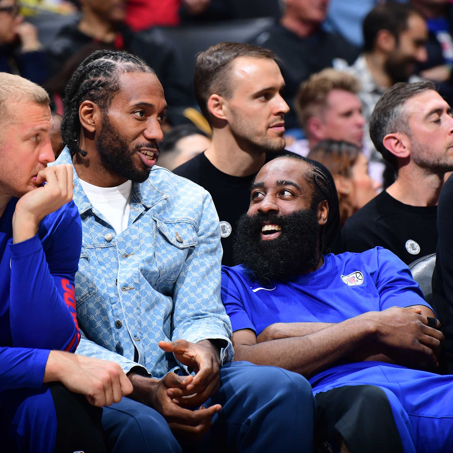 LOS ANGELES, CA - APRIL 12: Kawhi Leonard #2 and James Harden #1 of the LA Clippers smiles during the game against the Utah Jazz on April 12, 2024 at Crypto.Com Arena in Los Angeles, California. NOTE TO USER: User expressly acknowledges and agrees that, by downloading and/or using this Photograph, user is consenting to the terms and conditions of the Getty Images License Agreement. Mandatory Copyright Notice: Copyright 2024 NBAE (Photo by Adam Pantozzi/NBAE via Getty Images)