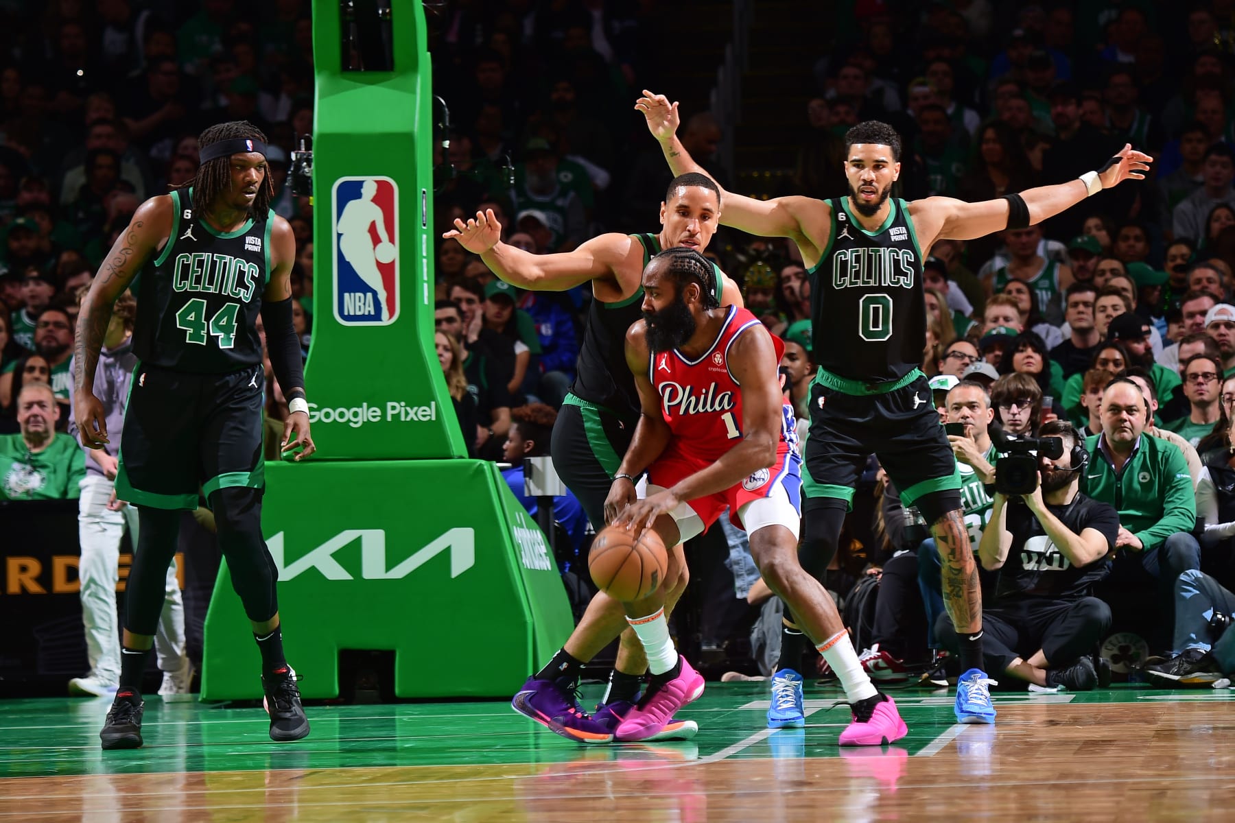 BOSTON, MA - MAY 1: James Harden #1 of the Philadelphia 76ers handles the ball during the game against the Boston Celtics during Round Two Game One of the 2023 NBA Playoffs on May 1, 2023 at the TD Garden in Boston, Massachusetts. NOTE TO USER: User expressly acknowledges and agrees that, by downloading and or using this photograph, User is consenting to the terms and conditions of the Getty Images License Agreement. Mandatory Copyright Notice: Copyright 2023 NBAE  (Photo by Brian Babineau/NBAE via Getty Images)
