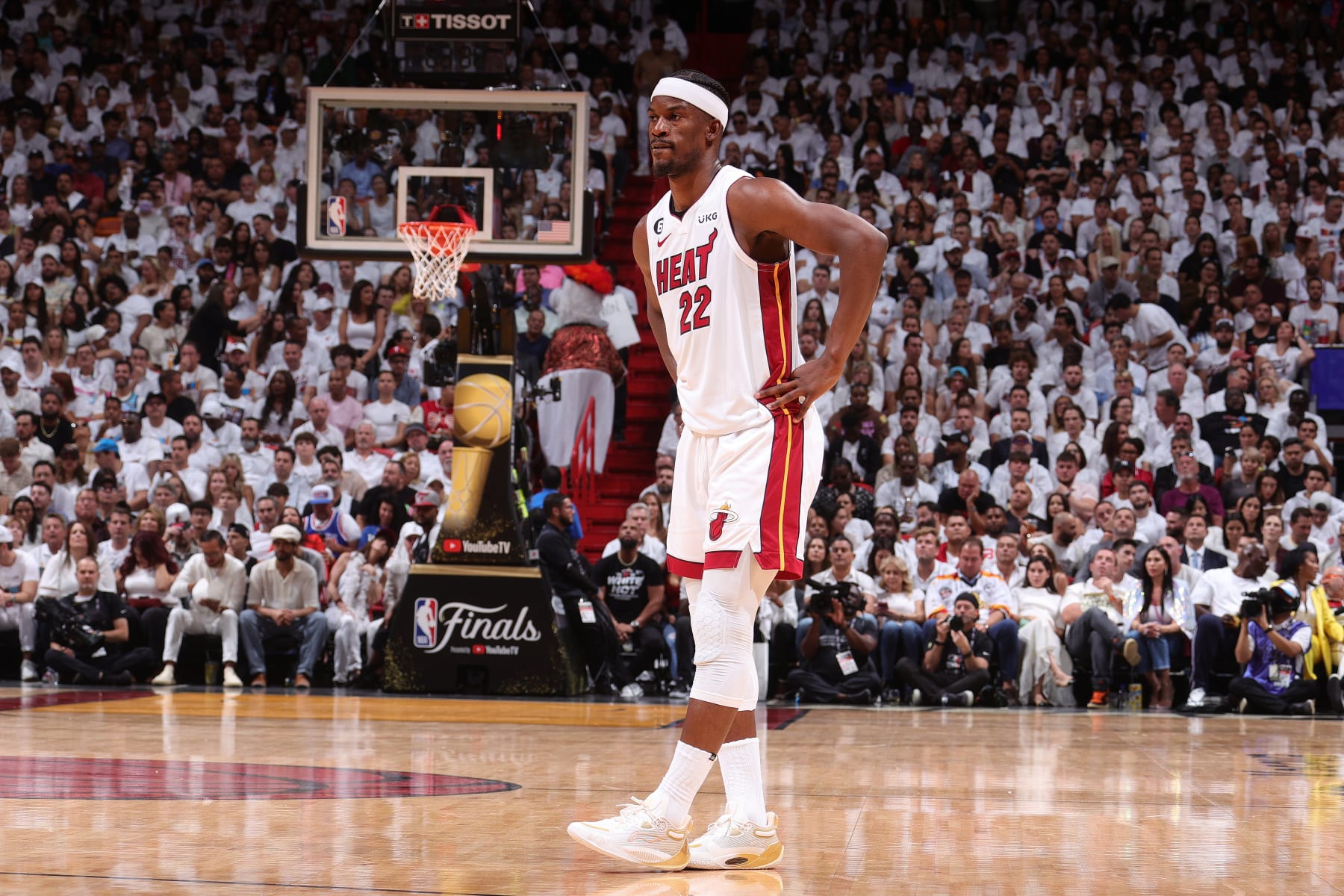 MIAMI, FL - JUNE 9: Jimmy Butler #22 of the Miami Heat looks on during Game Four of the 2023 NBA Finals against the Denver Nuggets on June 9, 2023 at Kaseya Center in Miami, Florida. NOTE TO USER: User expressly acknowledges and agrees that, by downloading and or using this Photograph, user is consenting to the terms and conditions of the Getty Images License Agreement. Mandatory Copyright Notice: Copyright 2023 NBAE (Photo by Nathaniel S. Butler/NBAE via Getty Images)