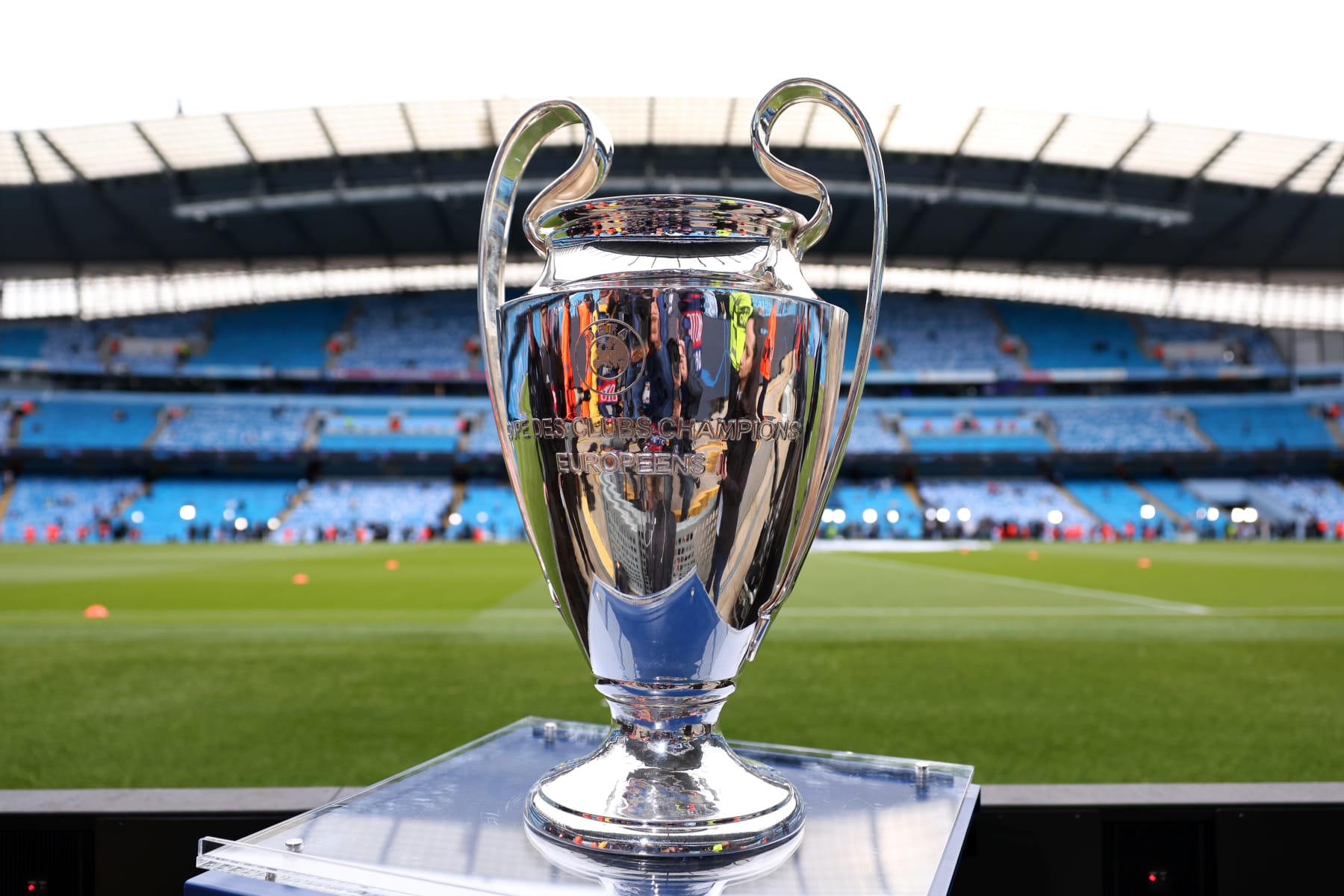 MANCHESTER, ENGLAND - MAY 17:  General view of the UEFA Champions League trophy during the UEFA Champions League semi-final second leg match between Manchester City FC and Real Madrid at Etihad Stadium on May 17, 2023 in Manchester, United Kingdom. (Photo by Marc Atkins/Getty Images)