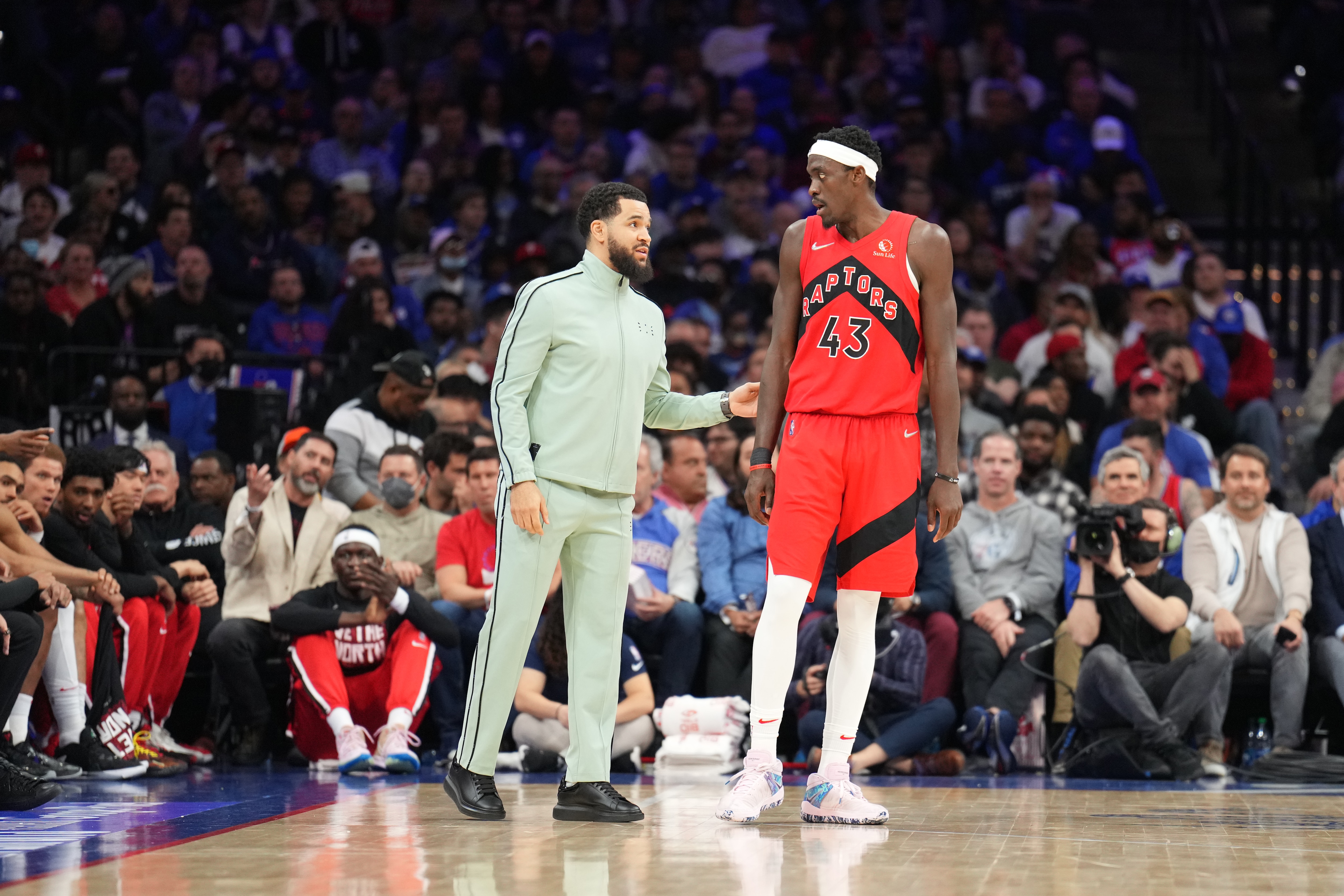 PHILADELPHIA, PA - APRIL 25: Fred VanVleet #23 of the Toronto Raptors and Pascal Siakam #43 of the Toronto Raptors talk during Round 1 Game 5 of the 2022 NBA Playoffs on April 25, 2022 at Wells Fargo Center in Philadelphia, Pennsylvania. NOTE TO USER: User expressly acknowledges and agrees that, by downloading and/or using this Photograph, user is consenting to the terms and conditions of the Getty Images License Agreement. Mandatory Copyright Notice: Copyright 2022 NBAE (Photo by Jesse D. Garrabrant/NBAE via Getty Images)