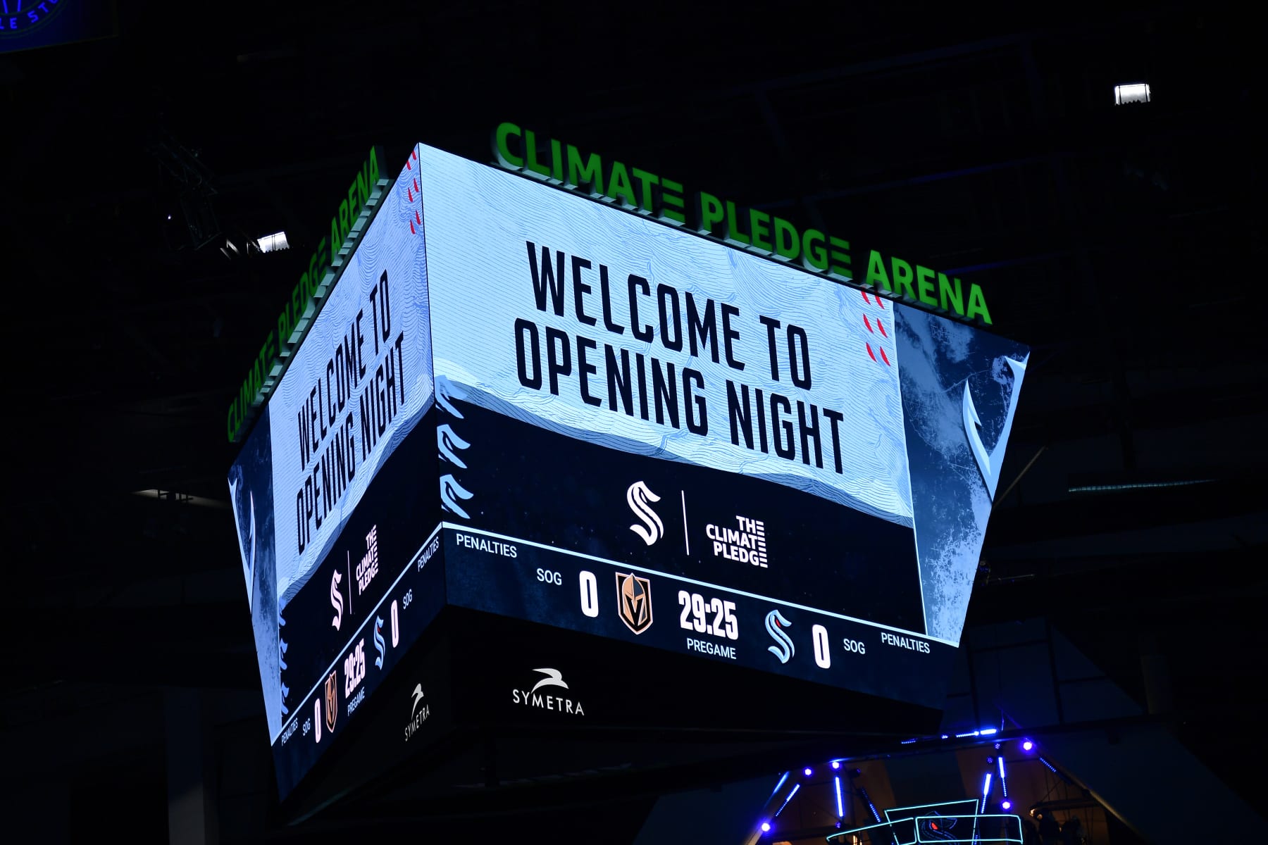 SEATTLE, WASHINGTON - OCTOBER 15: A general view of the scoreboard above center ice displaying "Welcome To Opening Night", before the game between the Seattle Kraken and the Vegas Golden Knights at Climate Pledge Arena on October 15, 2022 in Seattle, Washington. The Vegas Golden Knights won 5-2. (Photo by Alika Jenner/Getty Images)