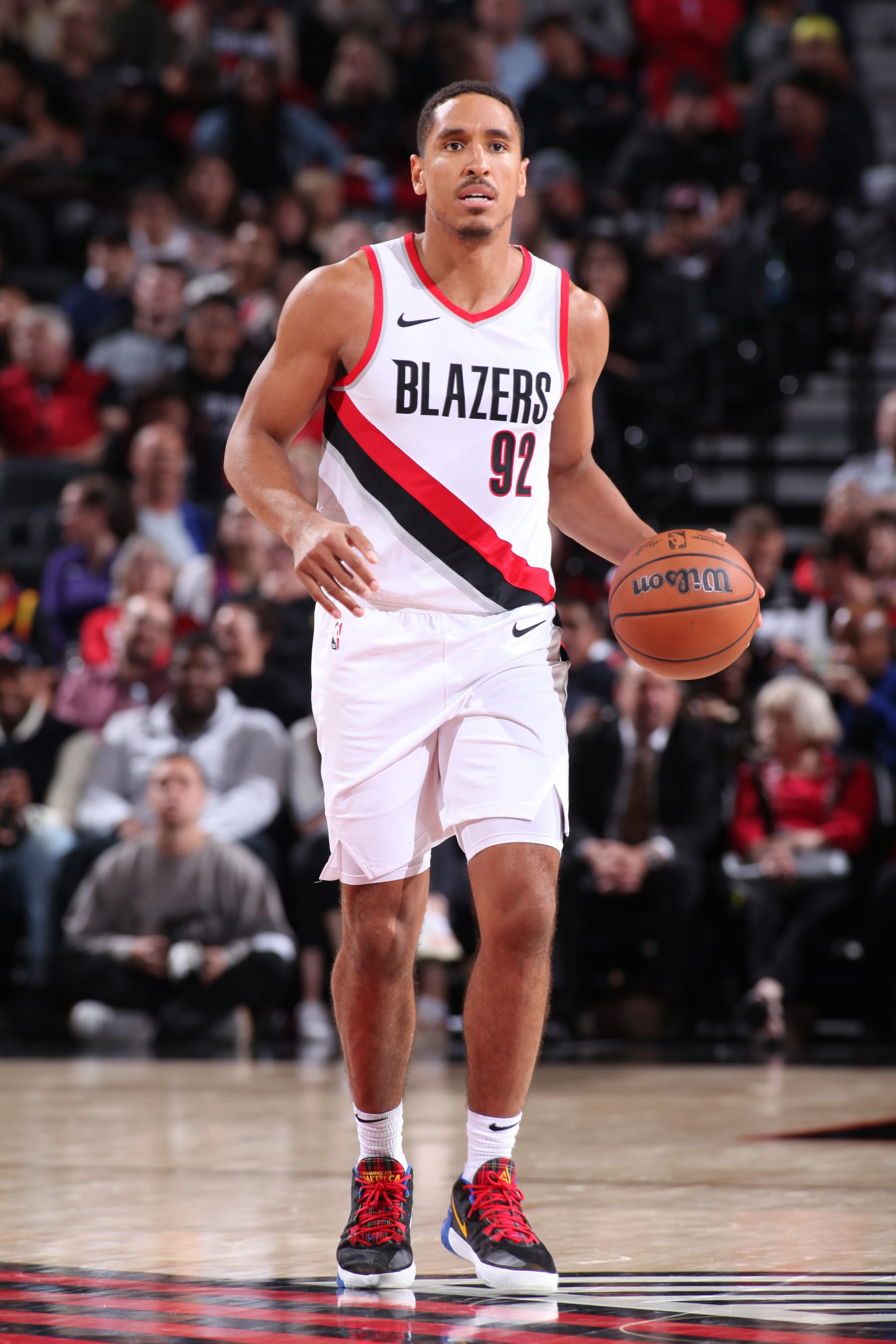 PORTLAND, OR - OCTOBER 12: Malcolm Brogdon #92 of the Portland Trail Blazers handles the ball during the preseason game on October 12, 2023 at the Moda Center Arena in Portland, Oregon. NOTE TO USER: User expressly acknowledges and agrees that, by downloading and or using this photograph, user is consenting to the terms and conditions of the Getty Images License Agreement. Mandatory Copyright Notice: Copyright 2023 NBAE (Photo by Cameron Browne/NBAE via Getty Images)