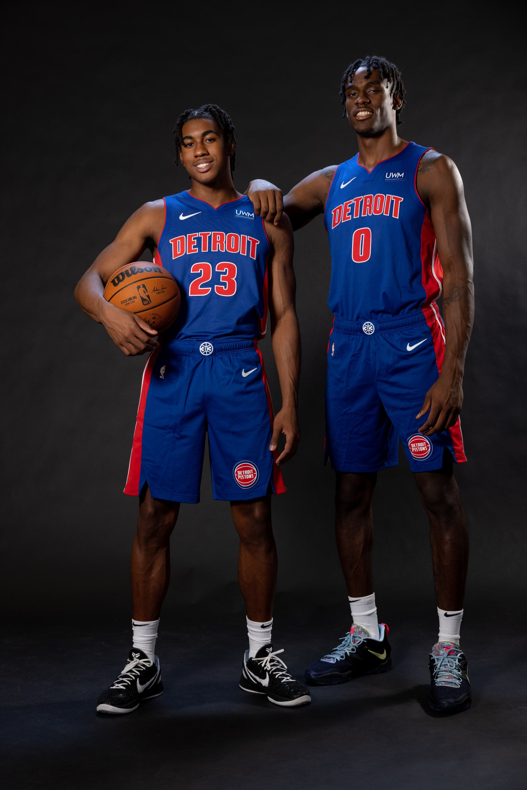 LAS VEGAS, NV - JULY 15: Jaden Ivey #23 and Jalen Duren #0 of the Detroit Pistons pose for a portrait during 2022 NBA Rookie Photo Shoot on July 15, 2022 at UNLV Campus in Las Vegas, Nevada. NOTE TO USER: User expressly acknowledges and agrees that, by downloading and/or using this Photograph, user is consenting to the terms and conditions of the Getty Images License Agreement. Mandatory Copyright Notice: Copyright 2022 NBAE (Photo by Michael J. LeBrecht II/NBAE via Getty Images)