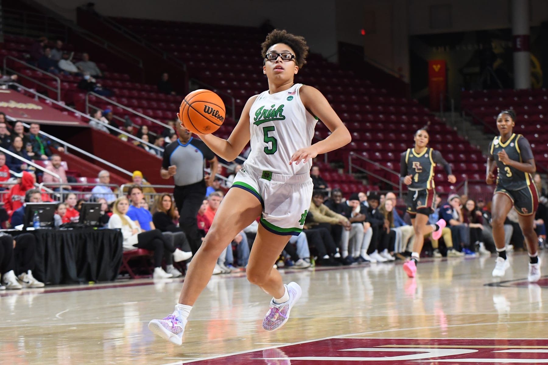 CHESTNUT HILL, MA - FEBRUARY 02: Notre Dame Fighting Irish guard Olivia Miles (5) leads a fast break during a women's college basketball game between the Notre Dame Fighting Irish and the Boston College Eagles on February 2, 2023, at Conte Forum in Chestnut Hill, MA. (Photo by Erica Denhoff/Icon Sportswire via Getty Images)