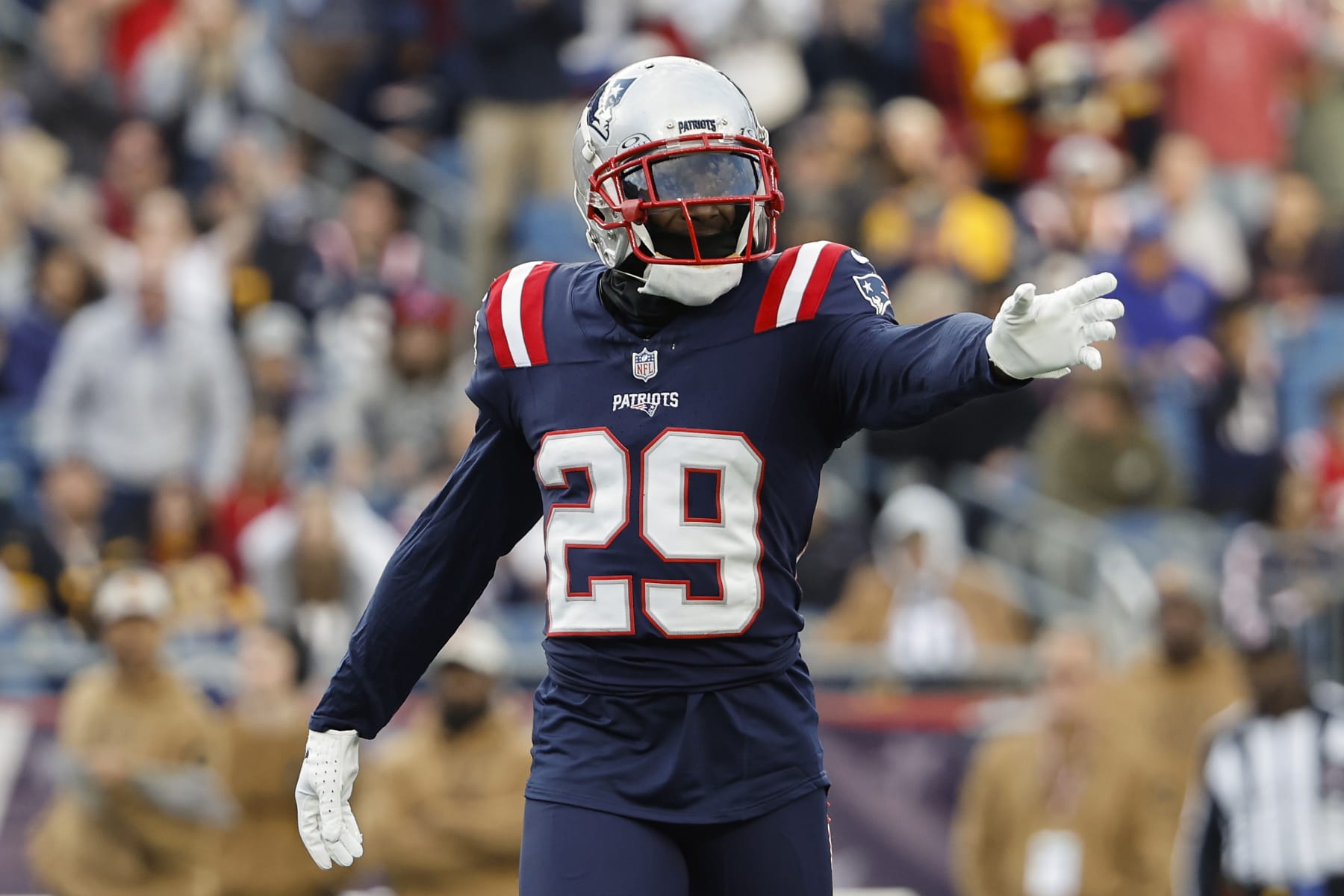 New England Patriots cornerback J.C. Jackson during an NFL football game against the Washington Commanders at Gillette Stadium, Sunday Nov. 5, 2023 in Foxborough, Mass. (Winslow Townson/AP Images for Panini)