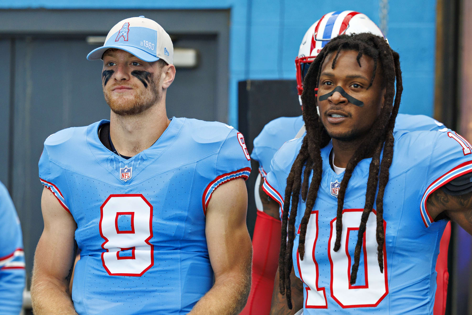 NASHVILLE, TENNESSEE - OCTOBER 29: Will Levis #8 and DeAndre Hopkins #10 of the Tennessee Titans wait to run onto the field before the game against the Atlanta Falcons at Nissan Stadium on October 29, 2023 in Nashville, Tennessee. The Titans defeated the Falcons 28-23. (Photo by Wesley Hitt/Getty Images)