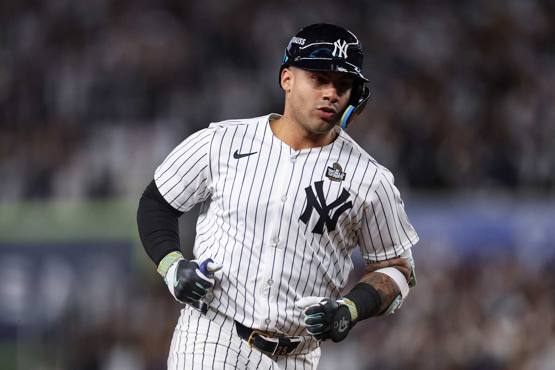 NEW YORK, NEW YORK - OCTOBER 29:  Gleyber Torres #25 of the New York Yankees rounds the bases after hitting three-run home run during the eighth inning of Game Four of the 2024 World Series against the Los Angeles Dodgers at Yankee Stadium on October 29, 2024 in the Bronx borough of New York City. (Photo by Elsa/Getty Images)