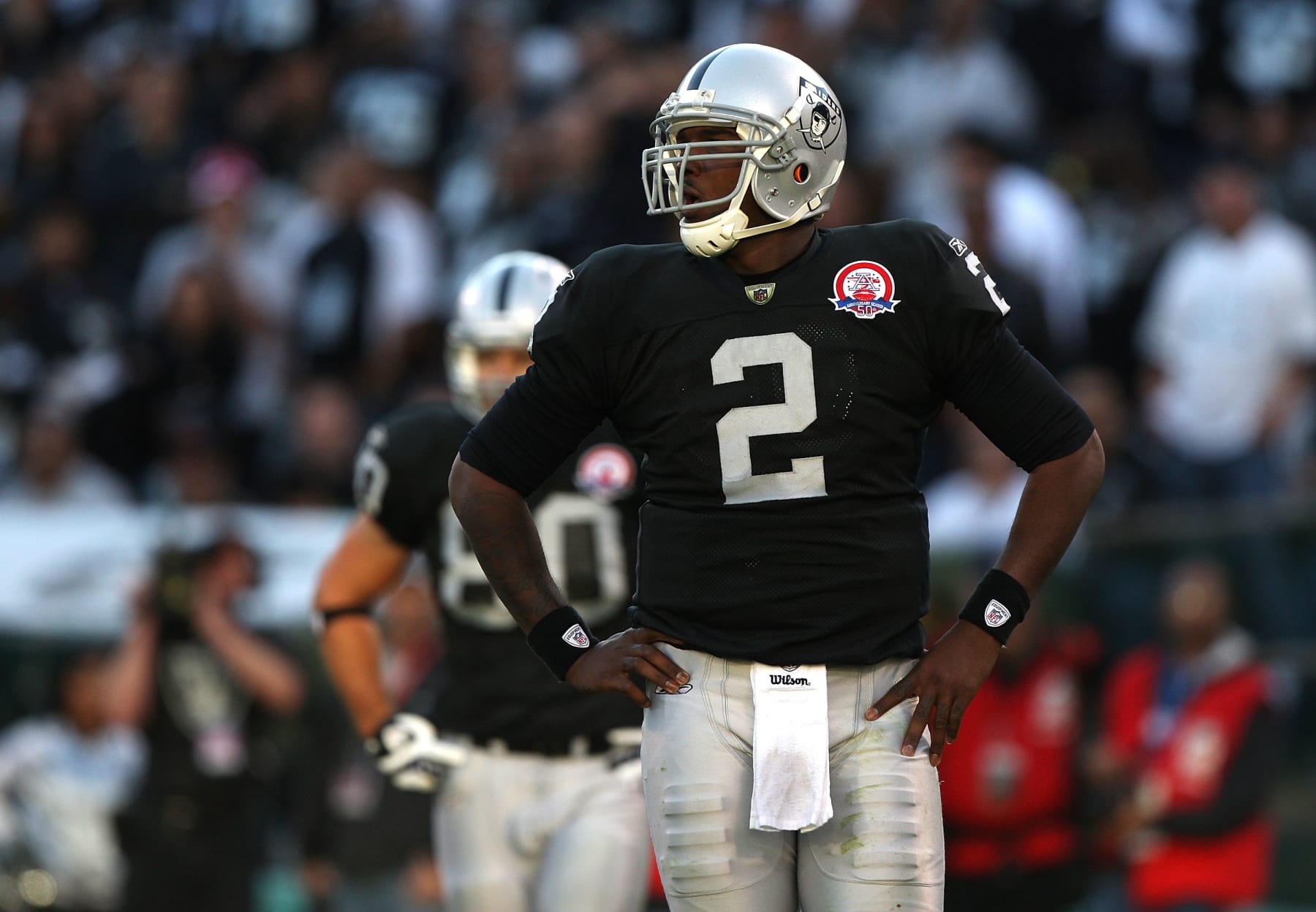 OAKLAND, CA - NOVEMBER 15:  JaMarcus Russell #2 of the Oakland Raiders looks on against the Kansas City Chiefs during an NFL game at Oakland-Alameda County Coliseum on November 15, 2009 in Oakland, California.  (Photo by Jed Jacobsohn/Getty Images)