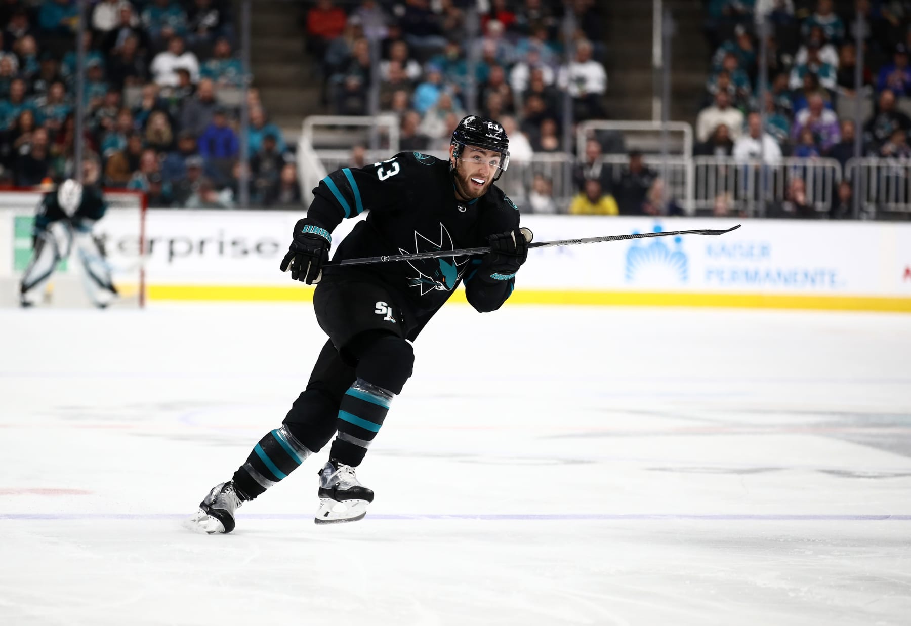 SAN JOSE, CALIFORNIA - DECEMBER 12:   Barclay Goodrow #23 of the San Jose Sharks in action against the New York Rangers at SAP Center on December 12, 2019 in San Jose, California. (Photo by Ezra Shaw/Getty Images)