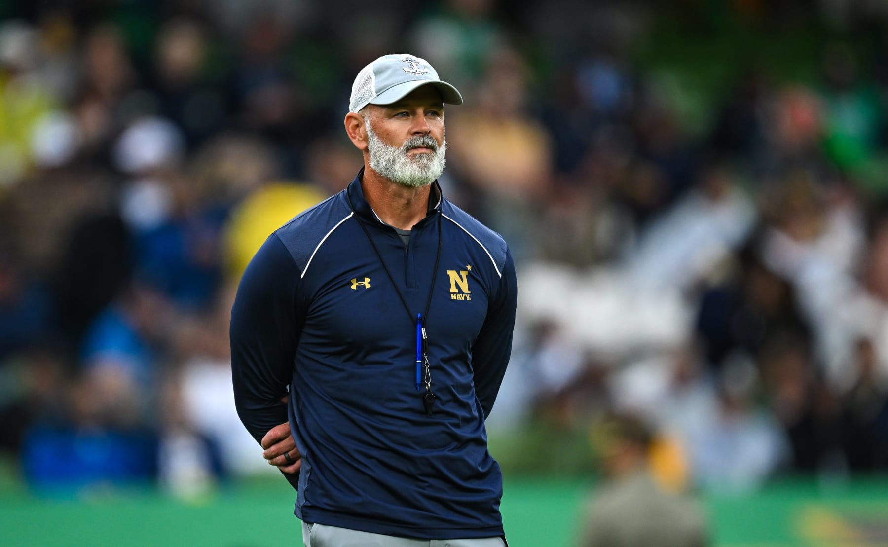Dublin , Ireland - 26 August 2023; Navy Midshipmen head Coach Brian Newberry before the Aer Lingus College Football Classic match between Notre Dame and Navy Midshipmen at the Aviva Stadium in Dublin. (Photo By Brendan Moran/Sportsfile via Getty Images)