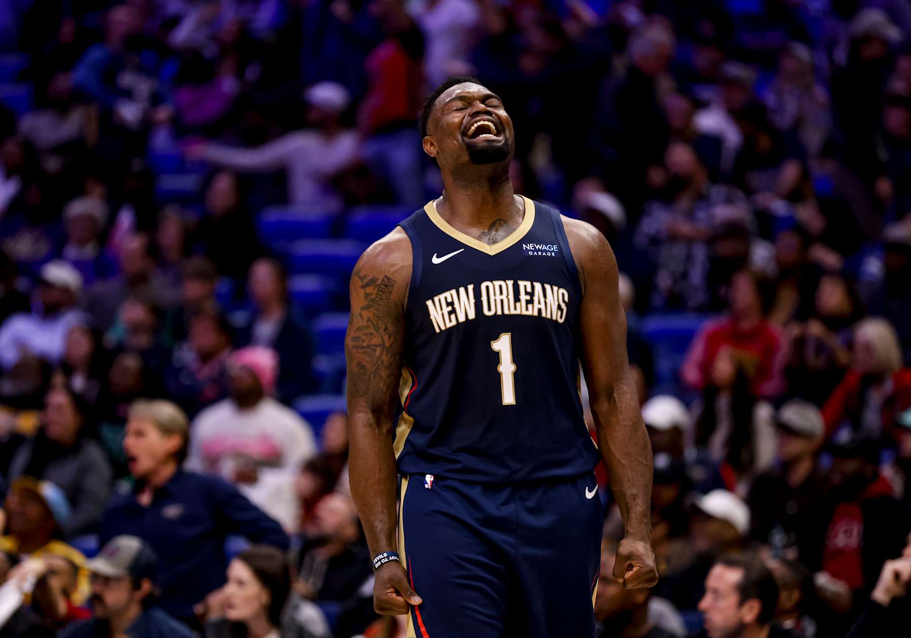 NEW ORLEANS, LOUISIANA - JANUARY 17:  Zion Williamson #1 of the New Orleans Pelicans celebrates after a dunk against the Utah Jazz during the second half of a game at the Smoothie King Center on January 17, 2025 in New Orleans, Louisiana. NOTE TO USER: User expressly acknowledges and agrees that, by downloading and or using this photograph, User is consenting to the terms and conditions of the Getty Images License Agreement. (Photo by Derick E. Hingle/Getty Images)