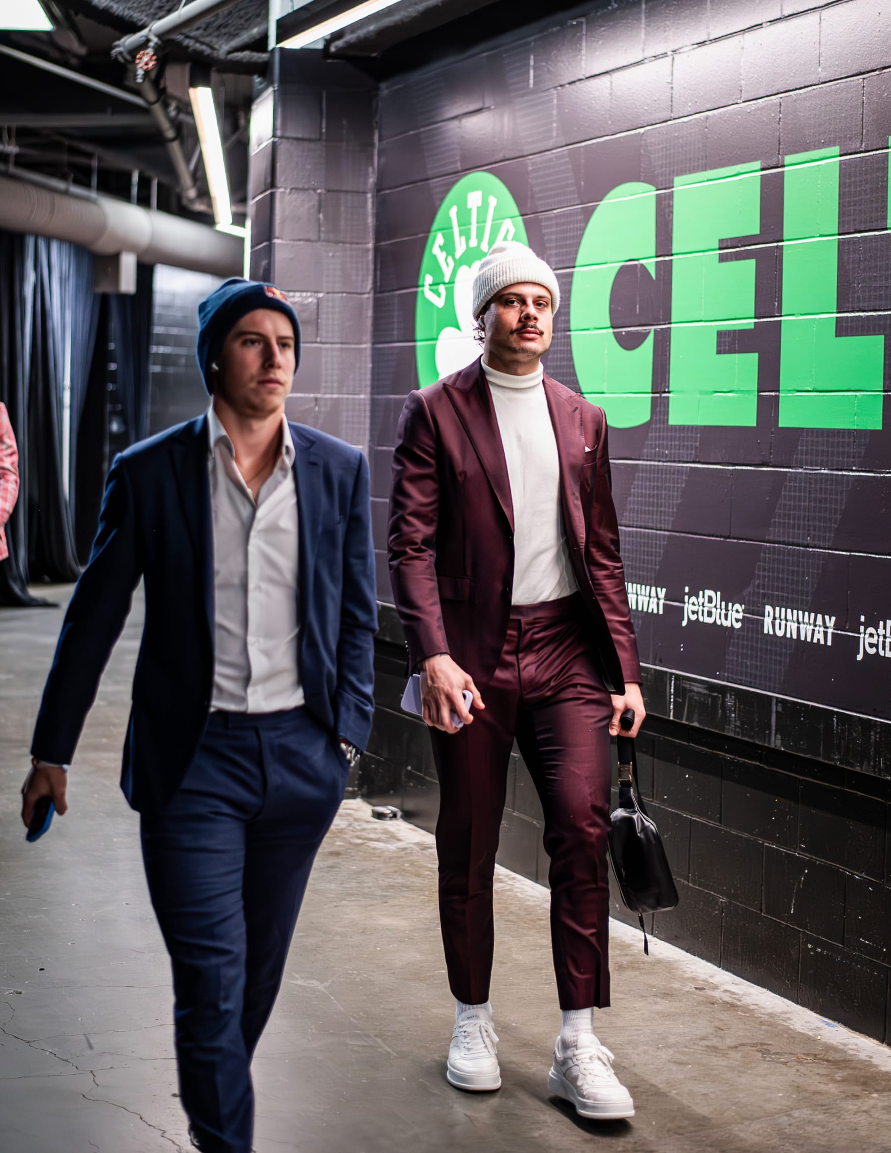 BOSTON, MASSACHUSETTS - NOVEMBER 02: Auston Matthews and Mitchell Marner of the Toronto Maple Leafs arrive before the Toronto Maple Leafs and Boston Bruins game at TD Garden on November 02, 2023 in Boston, Massachusetts. (Photo by China Wong/NHLI via Getty Images)