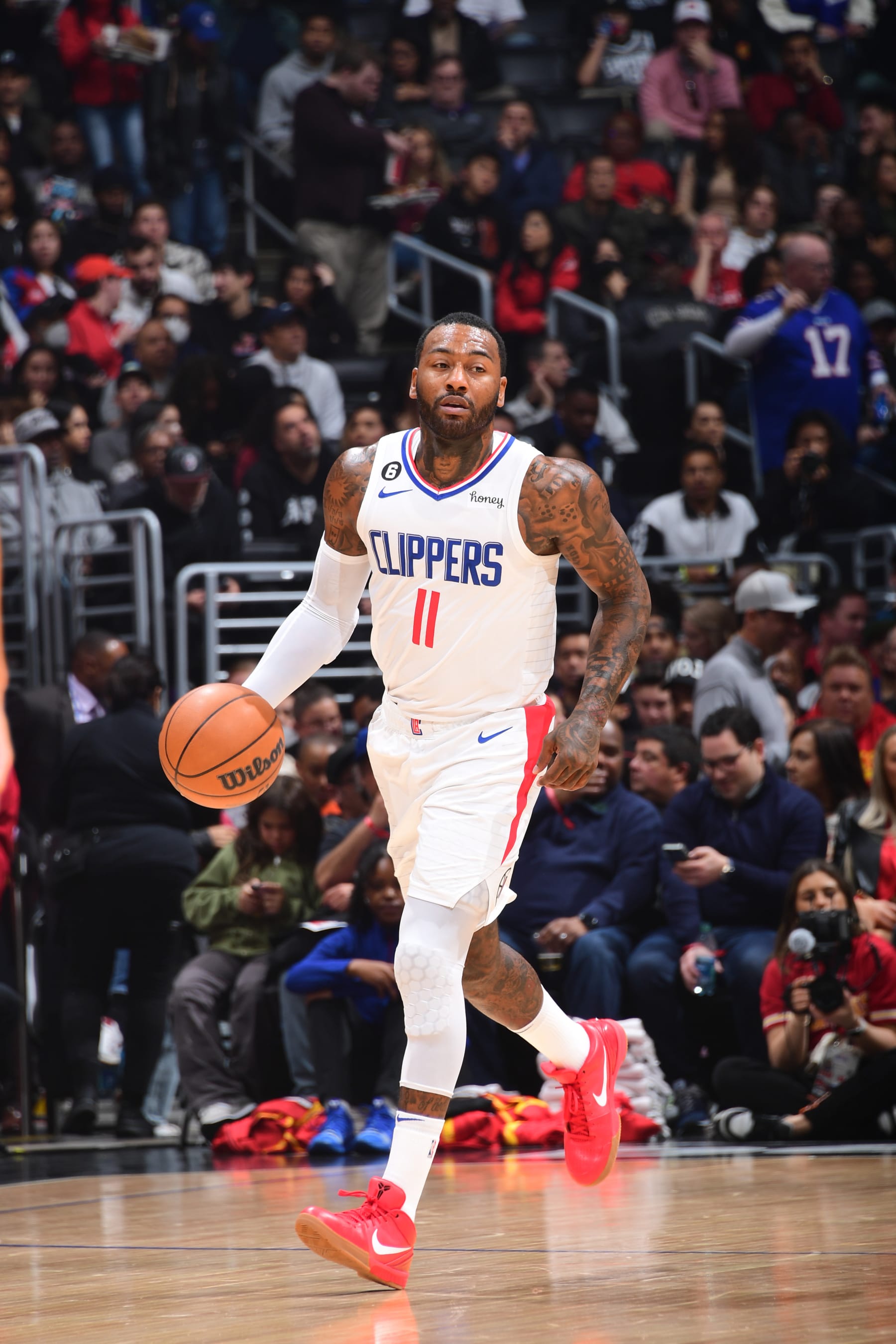 LOS ANGELES, CA - JANUARY 8: John Wall #11 of the LA Clippers dribbles the ball during the game against the Atlanta Hawks on January 8, 2023 at Crypto.Com Arena in Los Angeles, California. NOTE TO USER: User expressly acknowledges and agrees that, by downloading and/or using this Photograph, user is consenting to the terms and conditions of the Getty Images License Agreement. Mandatory Copyright Notice: Copyright 2023 NBAE (Photo by Adam Pantozzi/NBAE via Getty Images)