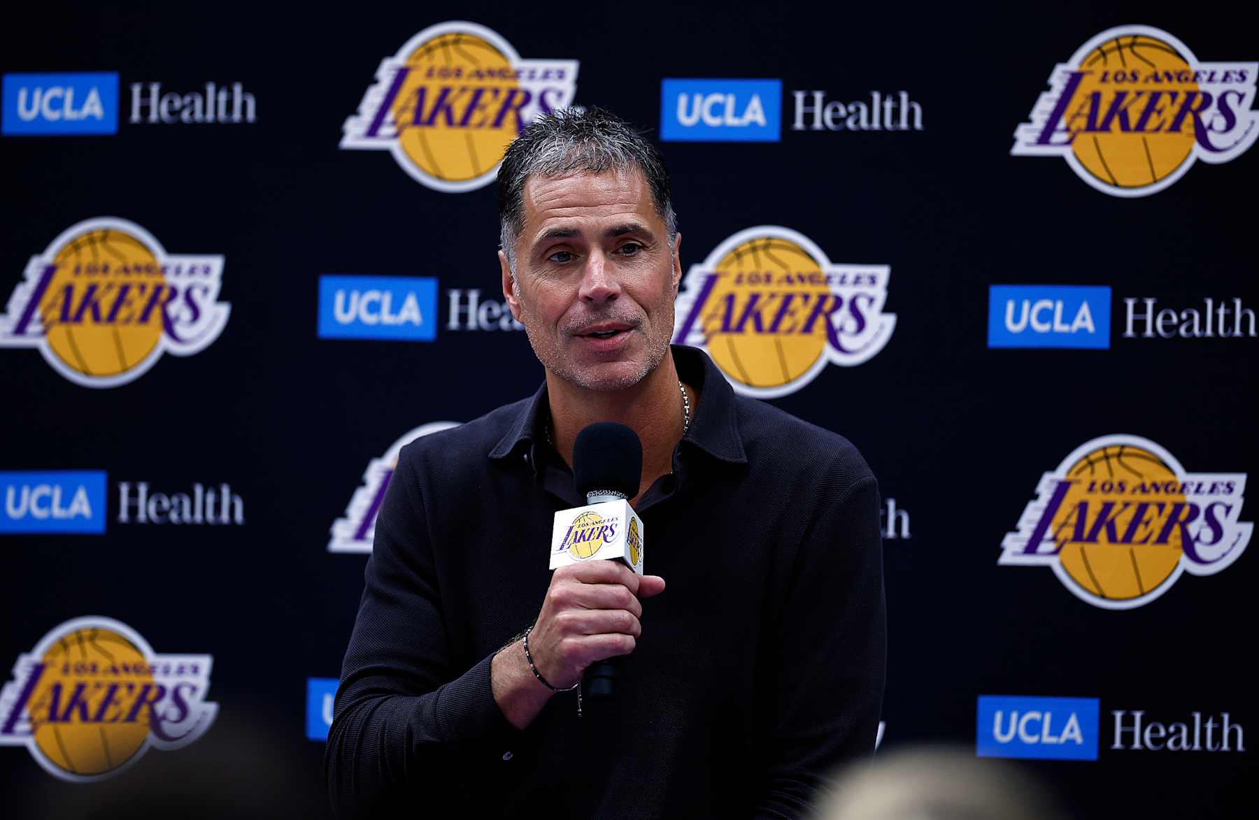 EL SEGUNDO, CALIFORNIA - SEPTEMBER 25: General Manager Rob Pelinka of the Los Angeles Lakers speaks with the media during a press conference at UCLA Health Training Center on September 25, 2024 in El Segundo, California.  NOTE TO USER: User expressly acknowledges and agrees that, by downloading and or using this photograph, User is consenting to the terms and conditions of the Getty Images License Agreement. (Photo by Ronald Martinez/Getty Images)