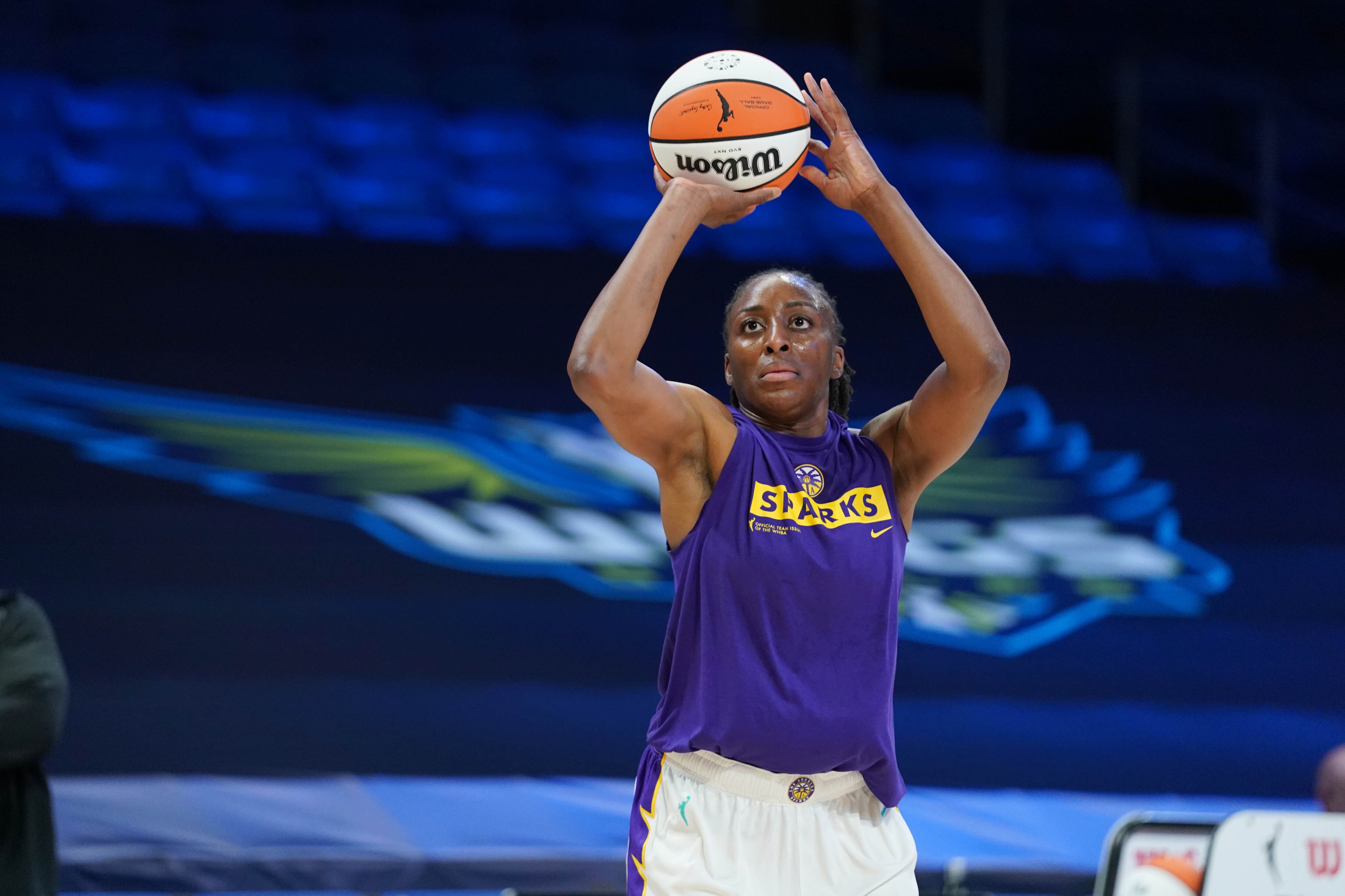 ARLINGTON, TX - JUNE 1: Nneka Ogwumike #30 of the Los Angeles Sparks warms up prior to the game against the Dallas Wings on June1, 2021 at College Park Center in Arlington, TX. NOTE TO USER: User expressly acknowledges and agrees that, by downloading and or using this Photograph, user is consenting to the terms and conditions of the Getty Images License Agreement. Mandatory Copyright Notice: Copyright 2021 NBAE (Photo by Cooper Neill/NBAE via Getty Images)