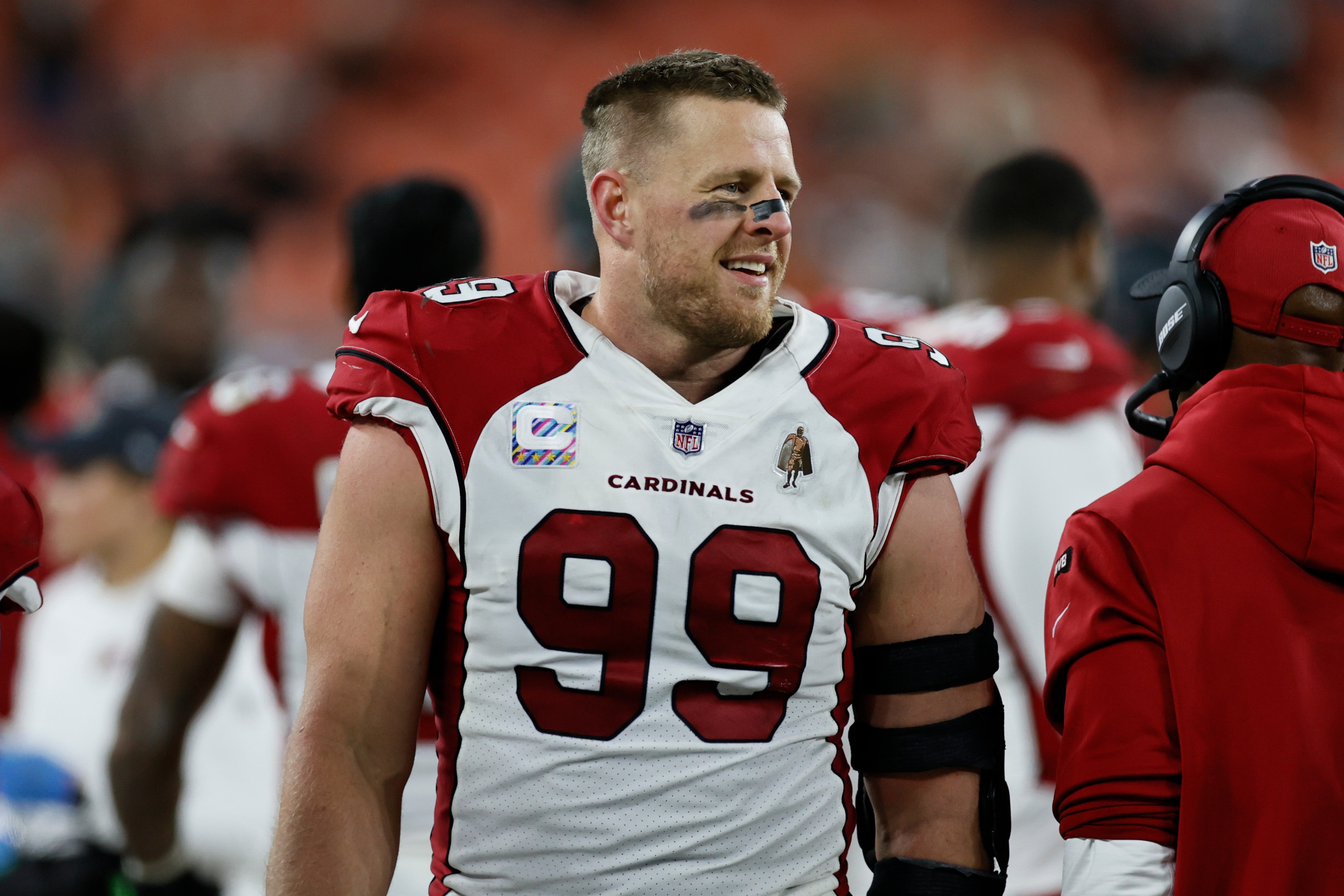 Arizona Cardinals defensive end J.J. Watt (99) stands on the sideline during the second half of an NFL football game against the Cleveland Browns, Sunday, Oct. 17, 2021, in Cleveland. (AP Photo/Ron Schwane)