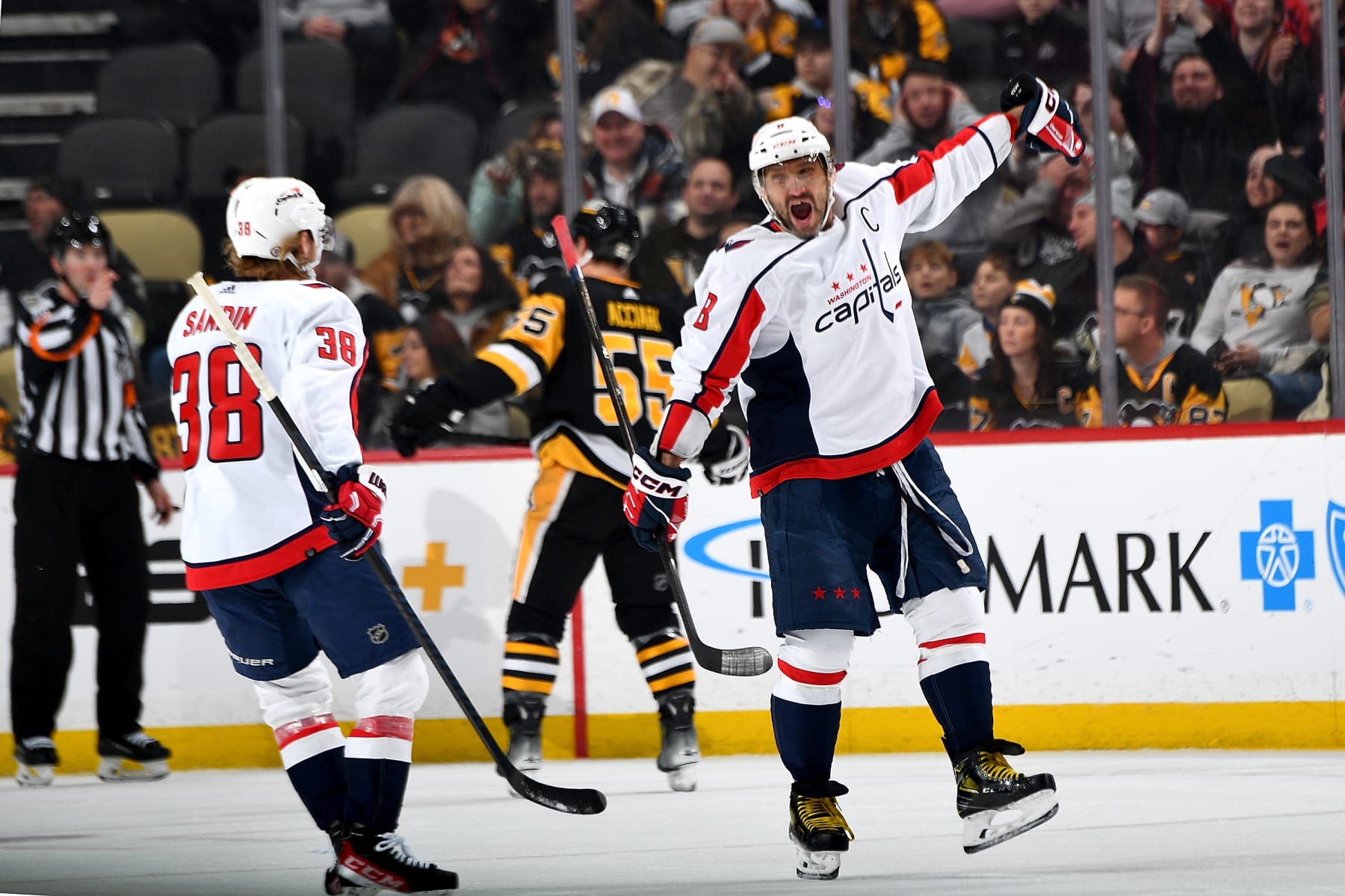 Alex Ovechkin reacts after scoring for the Caps against the Penguins.