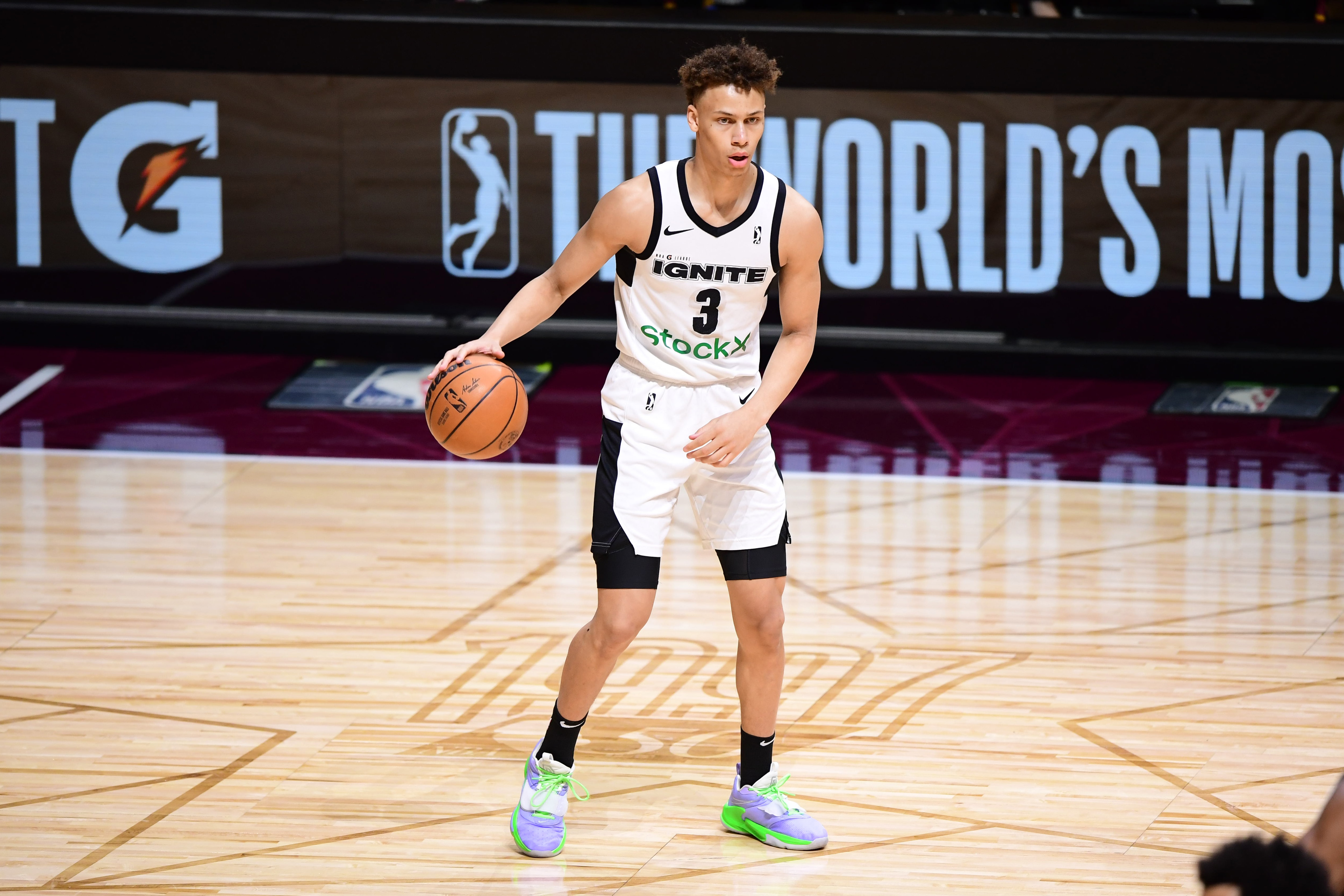 CLEVELAND, OH - FEBRUARY 20: Dyson Daniels #3 of the G League Ignite dribbles the ball during the NBA G League Next Gem Game as part of 2022 NBA All Star Weekend on February 20, 2022 at Wolstein Center in Cleveland, Ohio. NOTE TO USER: User expressly acknowledges and agrees that, by downloading and/or using this Photograph, user is consenting to the terms and conditions of the Getty Images License Agreement. Mandatory Copyright Notice: Copyright 2022 NBAE (Photo by Emilee Chinn/NBAE via Getty Images)