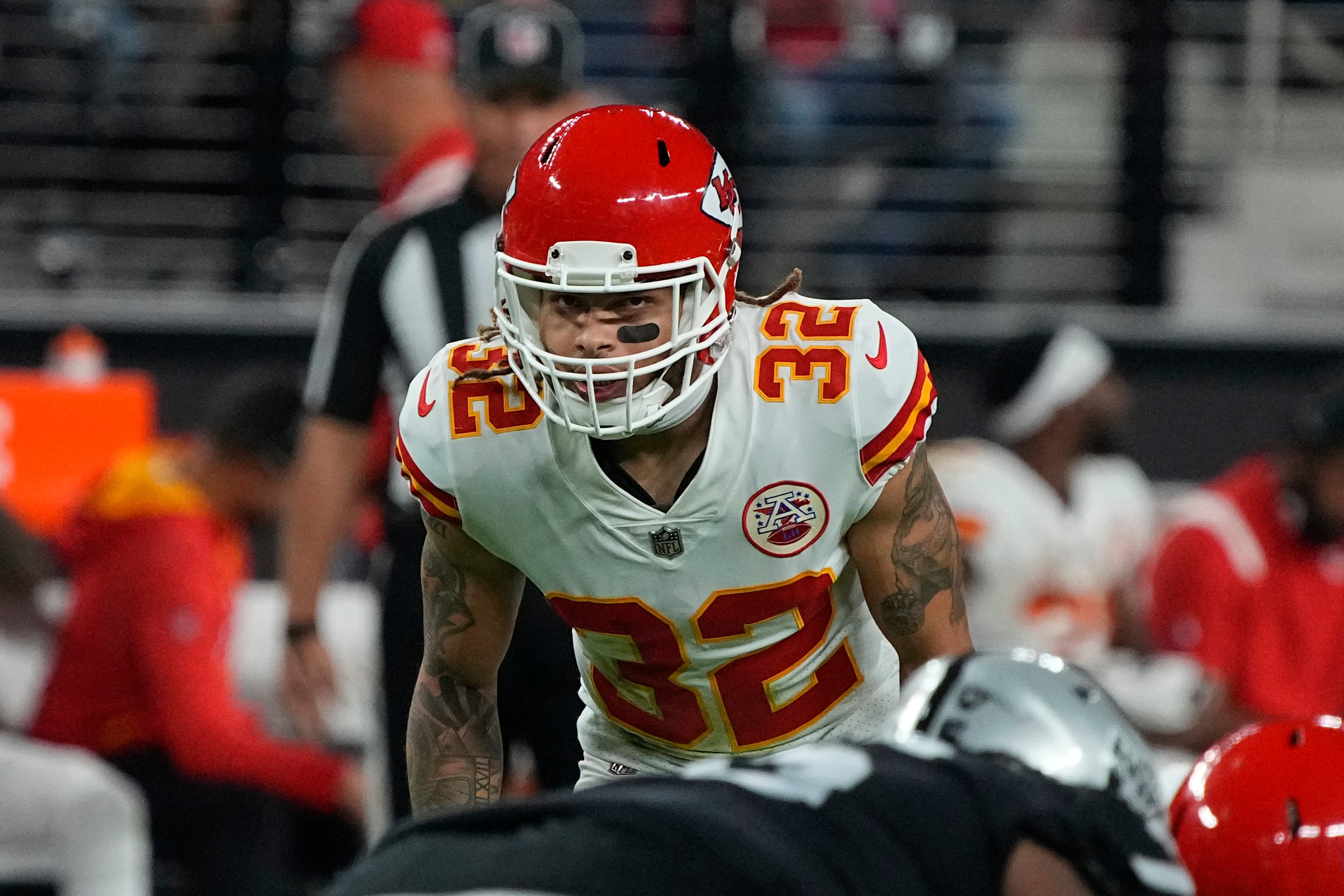 Kansas City Chiefs free safety Tyrann Mathieu (32) during the second half of an NFL football game against the Las Vegas Raiders, Sunday, Nov. 14, 2021, in Las Vegas. (AP Photo/Rick Scuteri)