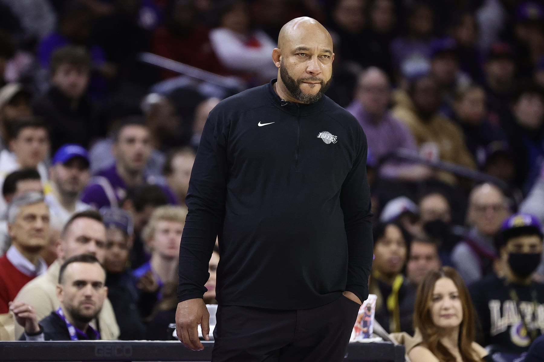 PHILADELPHIA, PENNSYLVANIA - DECEMBER 09: Head coach Darvin Ham of the Los Angeles Lakers look on during the second quarter against the Philadelphia 76ers at Wells Fargo Center on December 09, 2022 in Philadelphia, Pennsylvania. NOTE TO USER: User expressly acknowledges and agrees that, by downloading and or using this photograph, User is consenting to the terms and conditions of the Getty Images License Agreement. (Photo by Tim Nwachukwu/Getty Images)