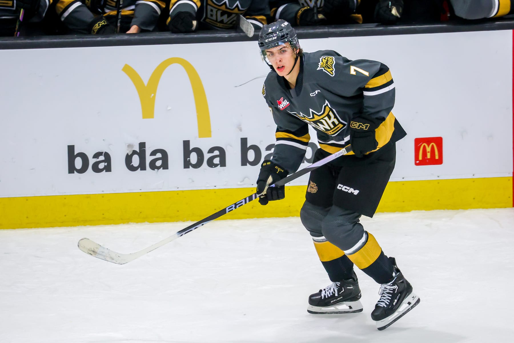 BRANDON, CANADA - SEPTEMBER 30: Charlie Elick #7 of the Brandon Wheat Kings skates during second period action against the Swift Current Broncos at Westoba Place on September 30, 2023 in Brandon, Manitoba, Canada. (Photo by Jonathan Kozub/Getty Images)