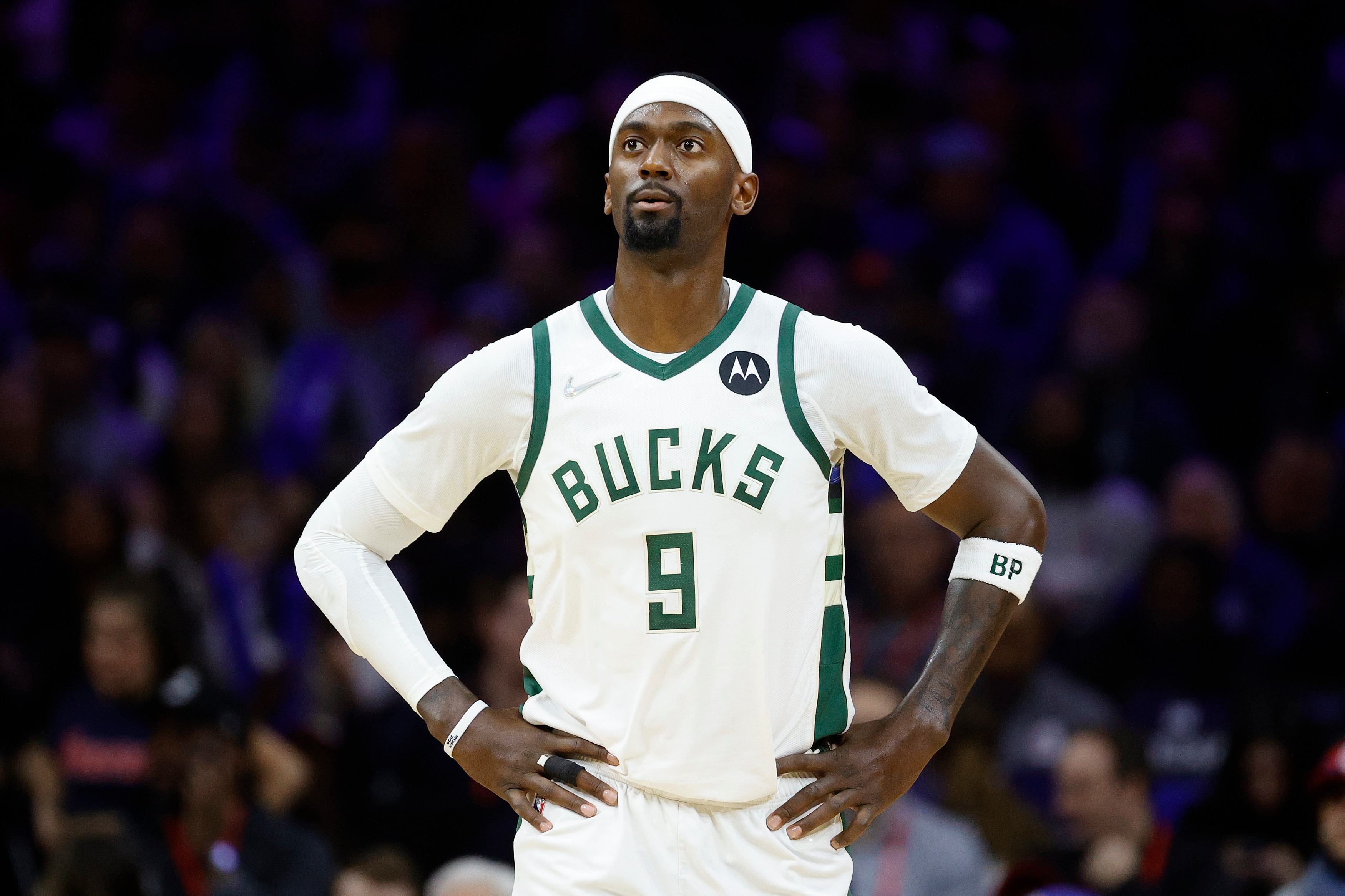 PHILADELPHIA, PENNSYLVANIA - MARCH 29: Bobby Portis #9 of the Milwaukee Bucks looks on during the third quarter against the Philadelphia 76ers at Wells Fargo Center on March 29, 2022 in Philadelphia, Pennsylvania. NOTE TO USER: User expressly acknowledges and agrees that, by downloading and or using this photograph, User is consenting to the terms and conditions of the Getty Images License Agreement. (Photo by Tim Nwachukwu/Getty Images)