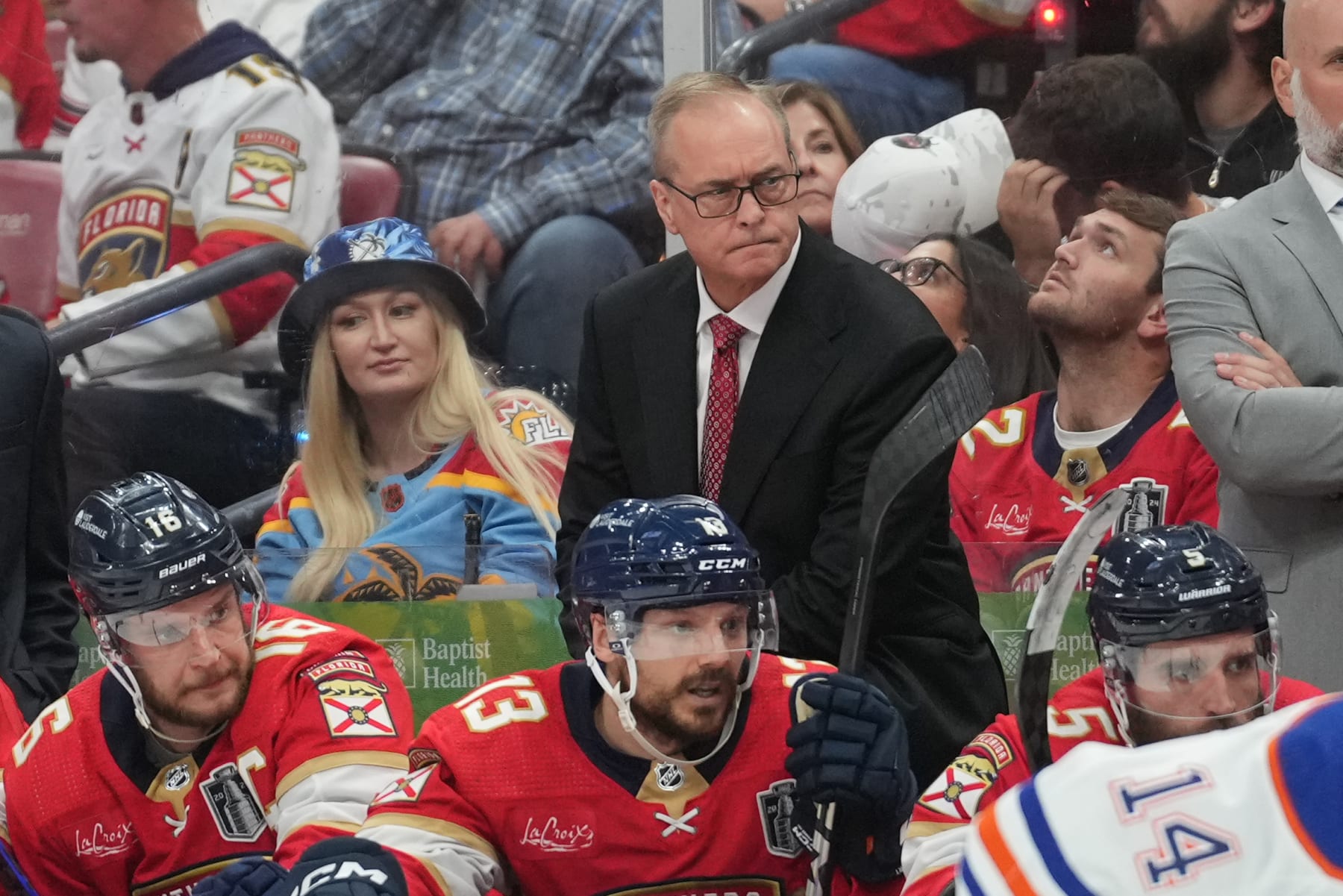 SUNRISE, FL - JUNE 10: Panther head coach Paul Maurice watches the action during game two of the Stanley Cup Finals between the Edmonton Oilers and the Florida Panthers on Saturday, June 10, 2024 at Amerant Bank Area in Sunrise, Fla. (Photo by Peter Joneleit/Icon Sportswire via Getty Images)