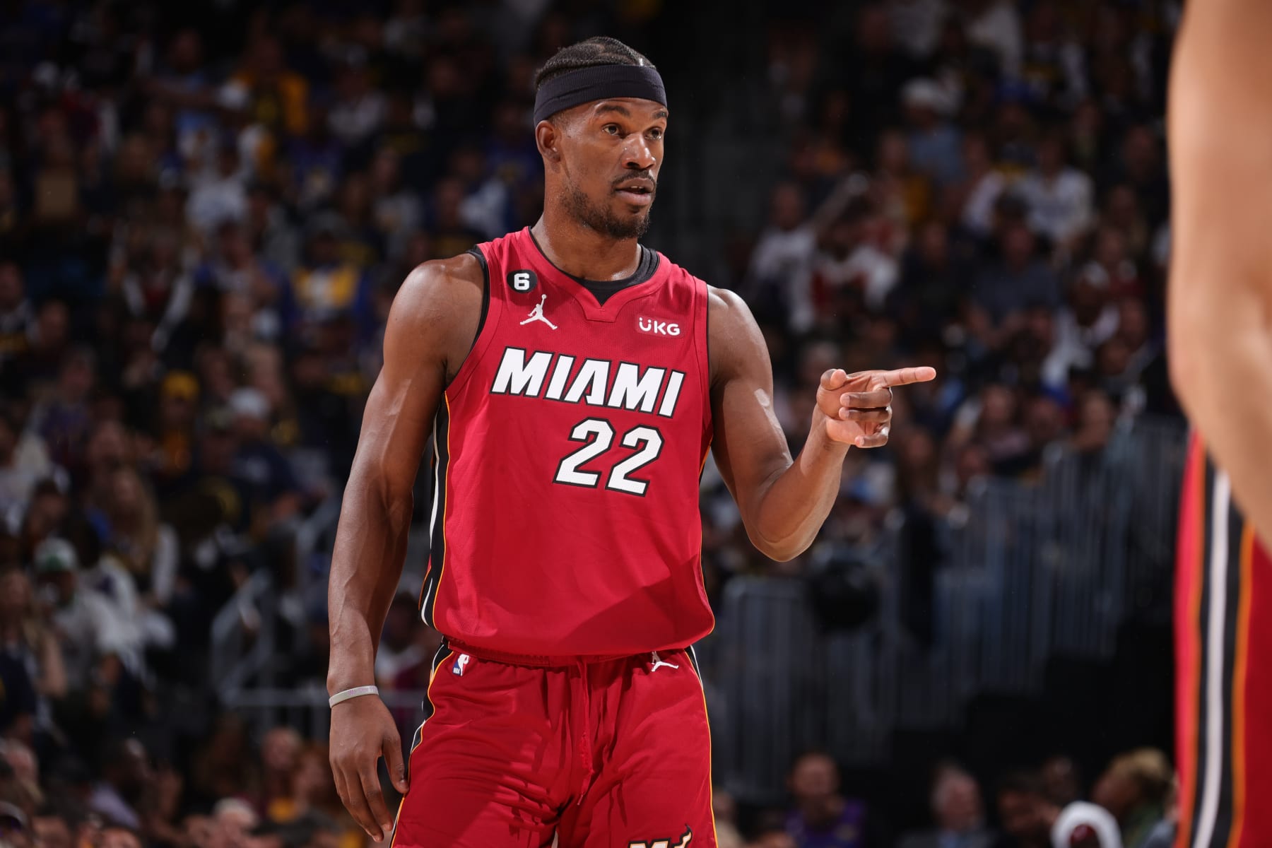 DENVER, CO - JUNE 12: Jimmy Butler #22 of the Miami Heat looks on during the game against the Denver Nuggets during Game Five of the 2023 NBA Finals on June 12, 2023 at Ball Arena in Denver, Colorado. NOTE TO USER: User expressly acknowledges and agrees that, by downloading and or using this Photograph, user is consenting to the terms and conditions of the Getty Images License Agreement. Mandatory Copyright Notice: Copyright 2023 NBAE (Photo by Nathaniel S. Butler/NBAE via Getty Images)